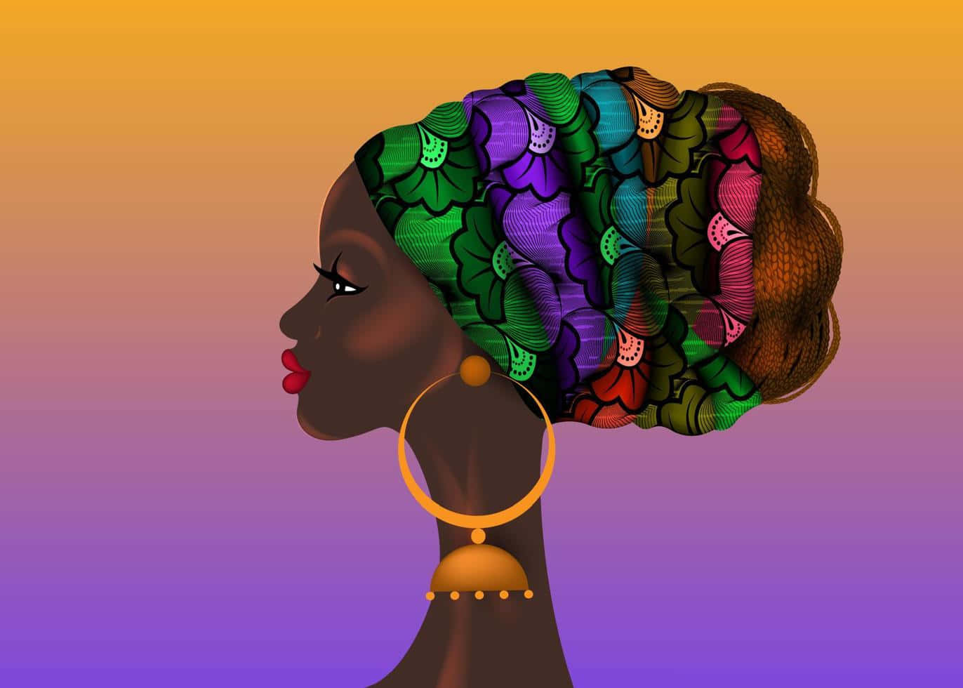Nigeria 桌布 壁紙 — 一幅充滿活力的數位插圖，描繪一位戴著彩色圖案頭巾的女性側面，背景是漸變的日落天空。