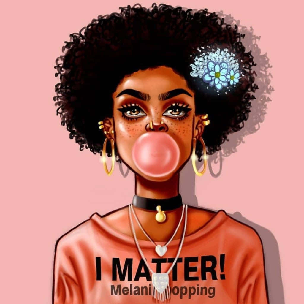 黑人女性 桌布 壁紙 — 一幅充滿活力的數位插圖，描繪一位非裔女性留著非洲式爆炸頭，吹著泡泡糖，戴著金色耳環和花卉髮飾，背景是柔和的粉紅色。