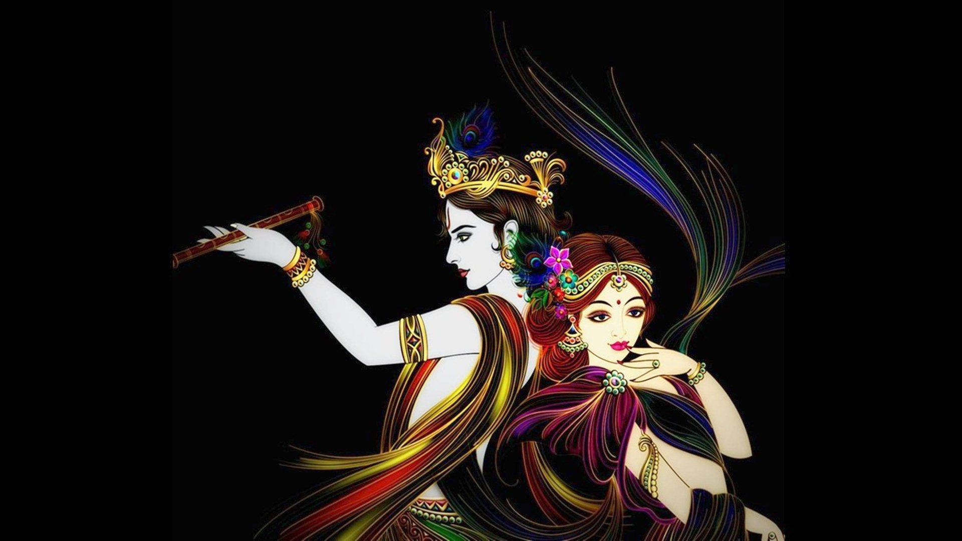 radha krishna 3d 桌布 壁紙 — 一幅充滿活力的數位插圖，描繪一位戴冠男子在黑色背景旁吹奏長笛，旁邊有一位裝飾華麗的女子。