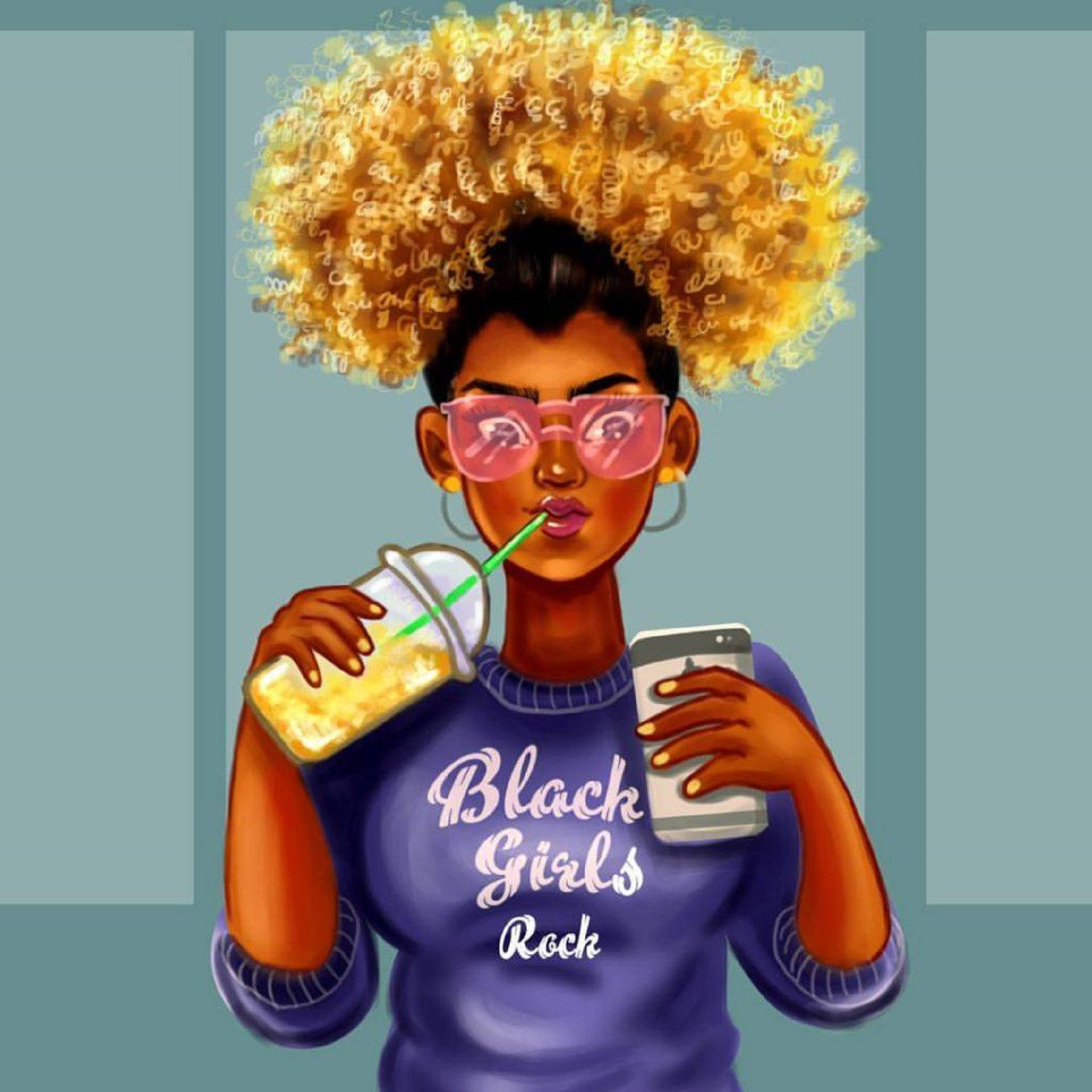 girls 桌布 壁紙 — 一幅充滿活力的數位插圖，描繪一位擁有金色爆炸頭和粉紅色太陽眼鏡的女性，一邊拿著電話一邊啜飲飲料。