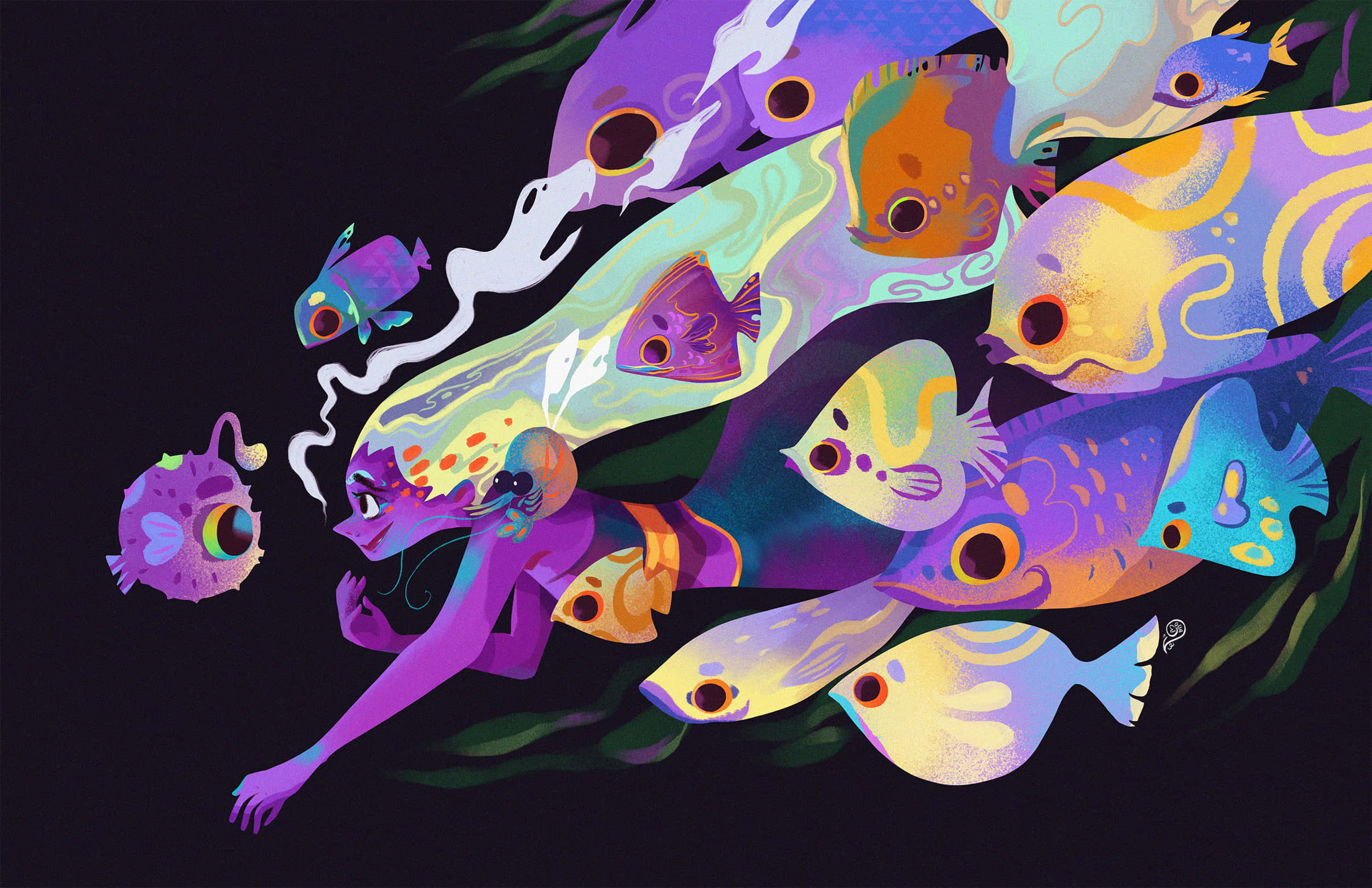美人魚 桌布 壁紙 — 一幅充滿活力的數位插圖，描繪一個紫色人形角色在黑暗的水下場景中，與色彩繽紛、風格化的魚群一起游泳。