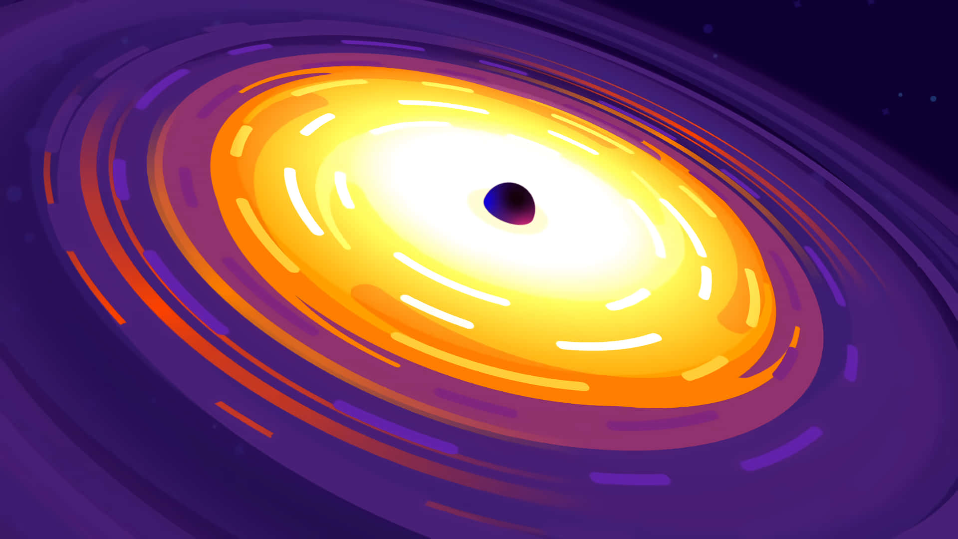 Minimalist Space 桌布 壁紙 — 一幅充滿活力的數位插圖，描繪一個發光的吸積盤在深紫色宇宙背景中圍繞黑洞旋轉。