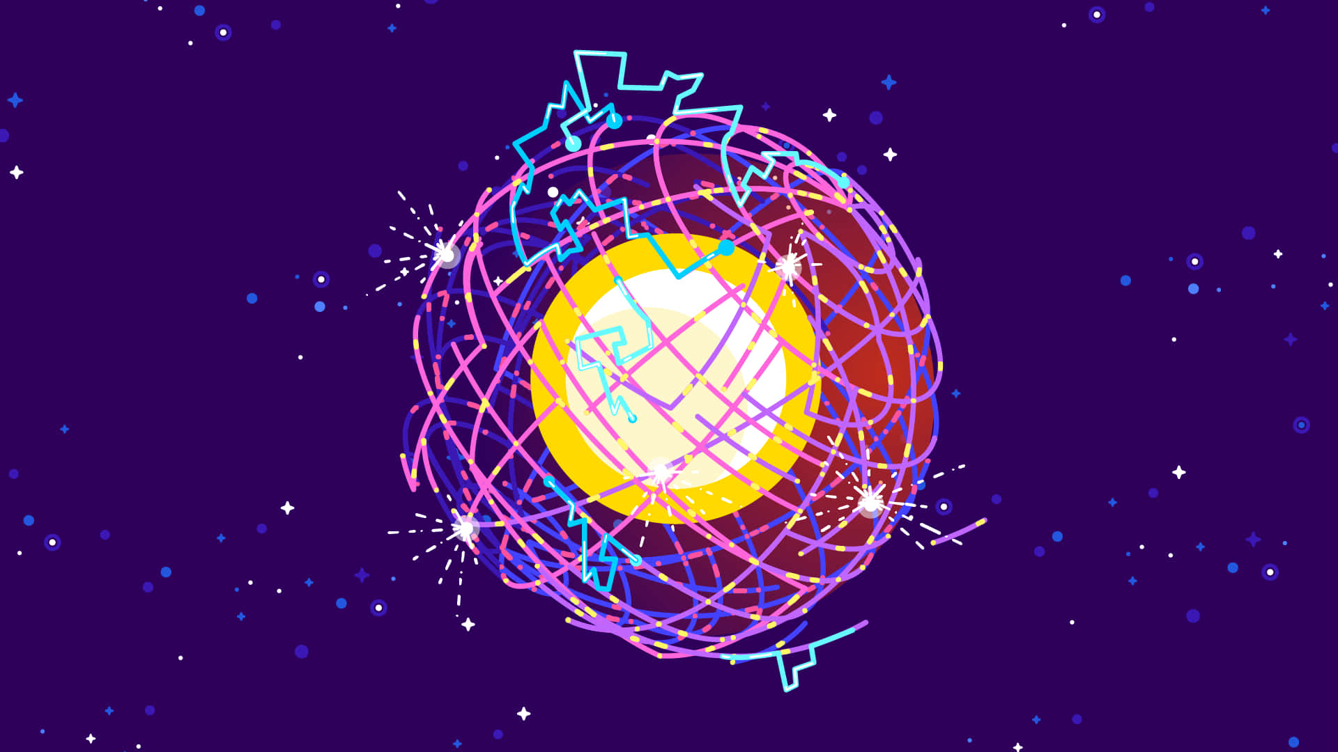 藝術 桌布 壁紙 — 一幅充滿活力的數位插圖，描繪一個發光的黃色球體，被旋轉的粉紅色、紫色和藍色線條環繞，背景是繁星點點的紫色。