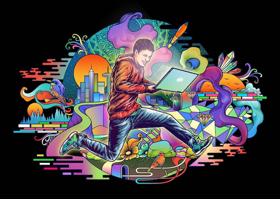 藝術 桌布 壁紙 — 一幅充滿活力的數位插圖，描繪一名年輕男子帶著筆記型電腦跳躍，色彩繽紛的超現實元素在他周圍旋轉。