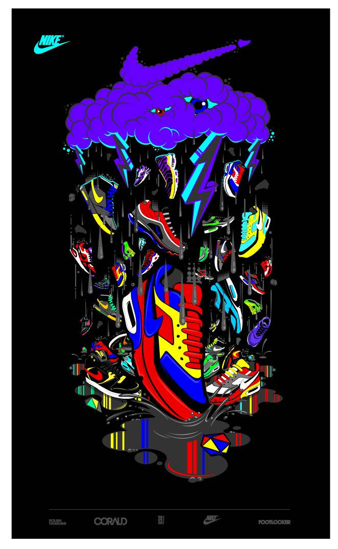 Nike 桌布 壁紙 — 一幅充滿活力的數位插圖，描繪一朵有眼睛的紫色暴風雲，正將色彩繽紛的Nike運動鞋如雨般降落到中央的紅色運動鞋上。