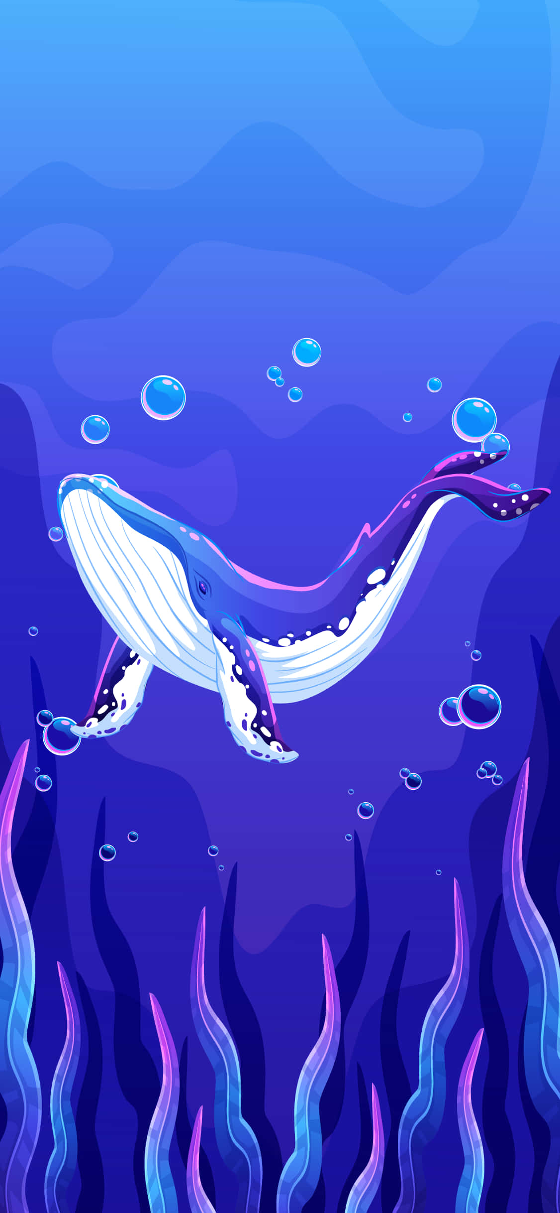 blue whale 桌布 壁紙 — 一幅充滿活力的數位插圖，描繪一條鯨魚在深藍色海洋中滑行，周圍環繞著發光的氣泡和紫色海藻。