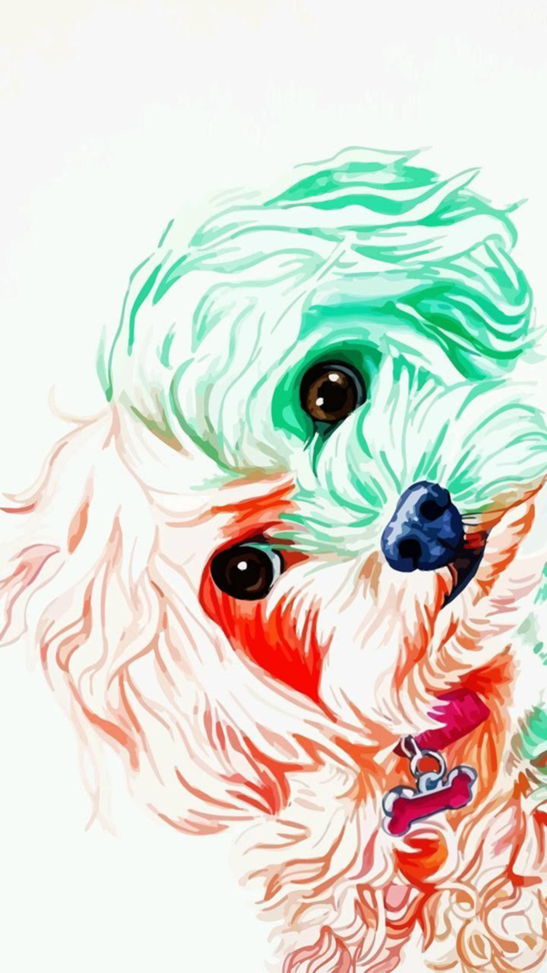 Dog Art 桌布 壁紙 — 一幅充滿活力的數位插圖，描繪一隻毛茸茸的狗，擁有青綠色和珊瑚色的毛髮、大眼睛表情豐富，以及一個粉紅色的骨形標籤。