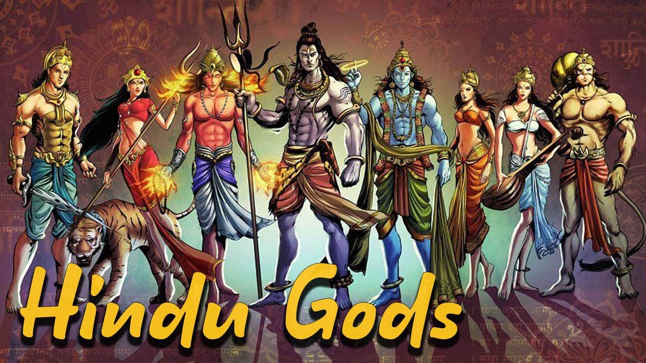 Indian 桌布 壁紙 — 一幅充滿活力的數位插圖，描繪九位印度教神祇身著華麗傳統服飾，手持神聖武器並伴隨神話生物，以英雄姿態排成一列。