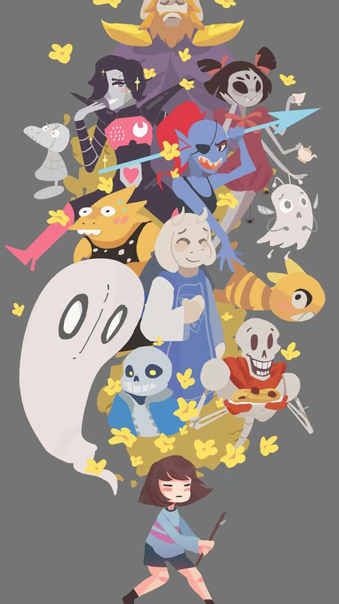 Undertale Phone 桌布 壁紙 — 一幅充滿活力的數位插圖，描繪了《Undertale》角色聚集在灰色背景上飄落的黃色花瓣中。