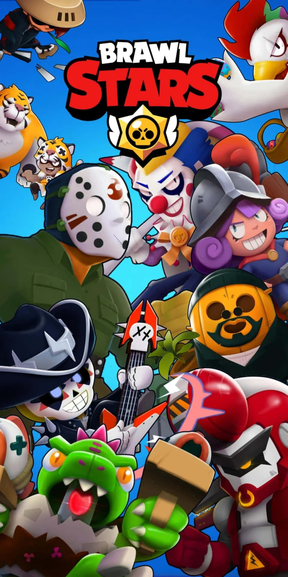 荒野亂鬥 桌布 壁紙 — 一幅充滿活力的數位插圖，描繪了《Brawl Stars》角色在明亮藍天下擺出動態姿勢。