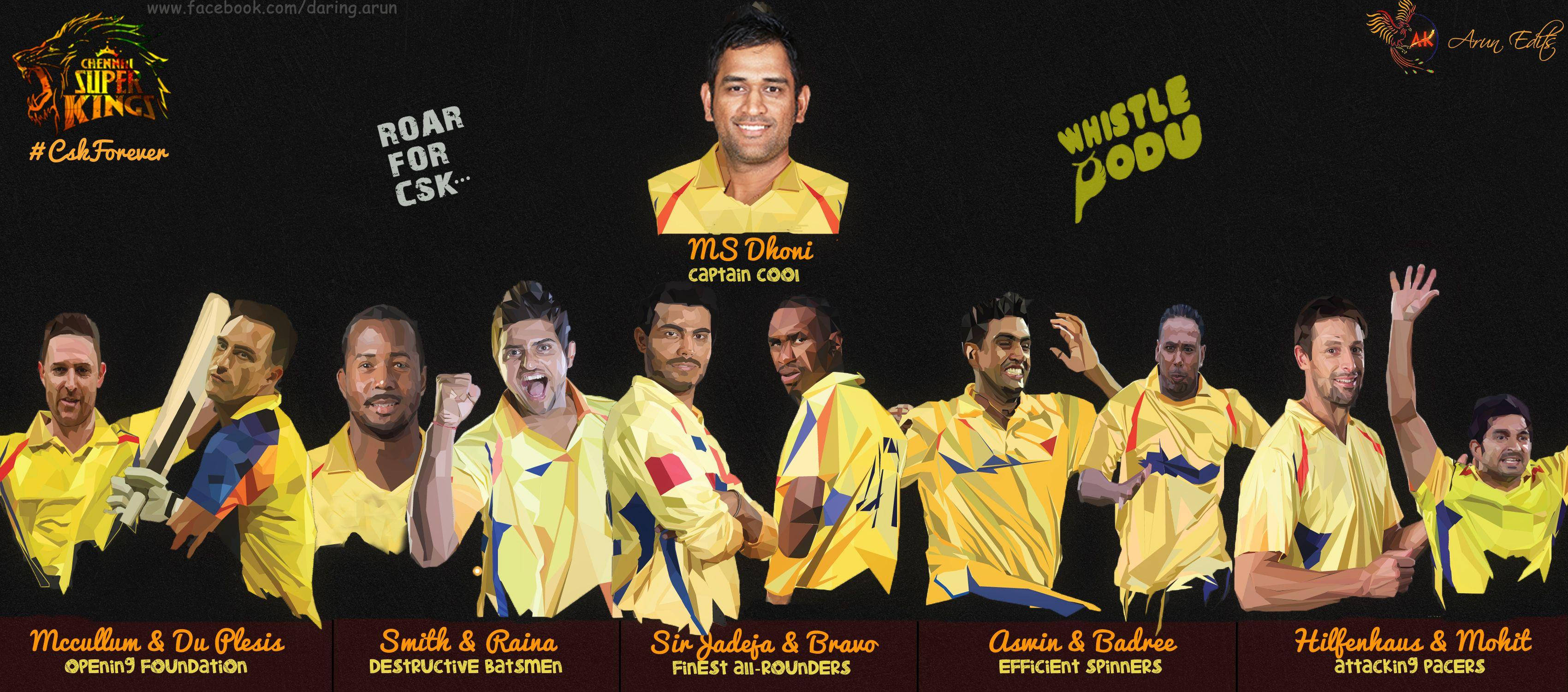 Super 桌布 壁紙 — 一幅充滿活力的數位插圖，描繪了 Chennai Super Kings 板球隊球員身穿黃色球衣，在黑色背景前動態擺姿勢。
