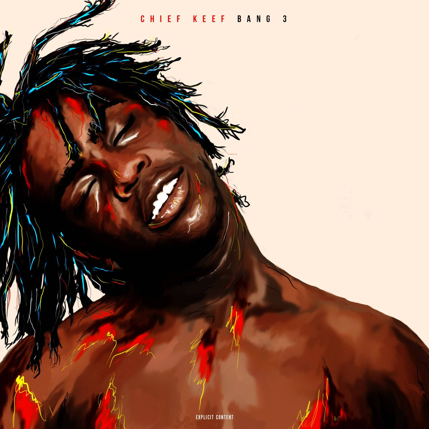Chief Keef 桌布 壁紙 — 一幅充滿活力的數位插圖，描繪了Chief Keef，他有色彩繽紛的辮子，臉上和胸前有火紅的黃色條紋，背景是淡色。