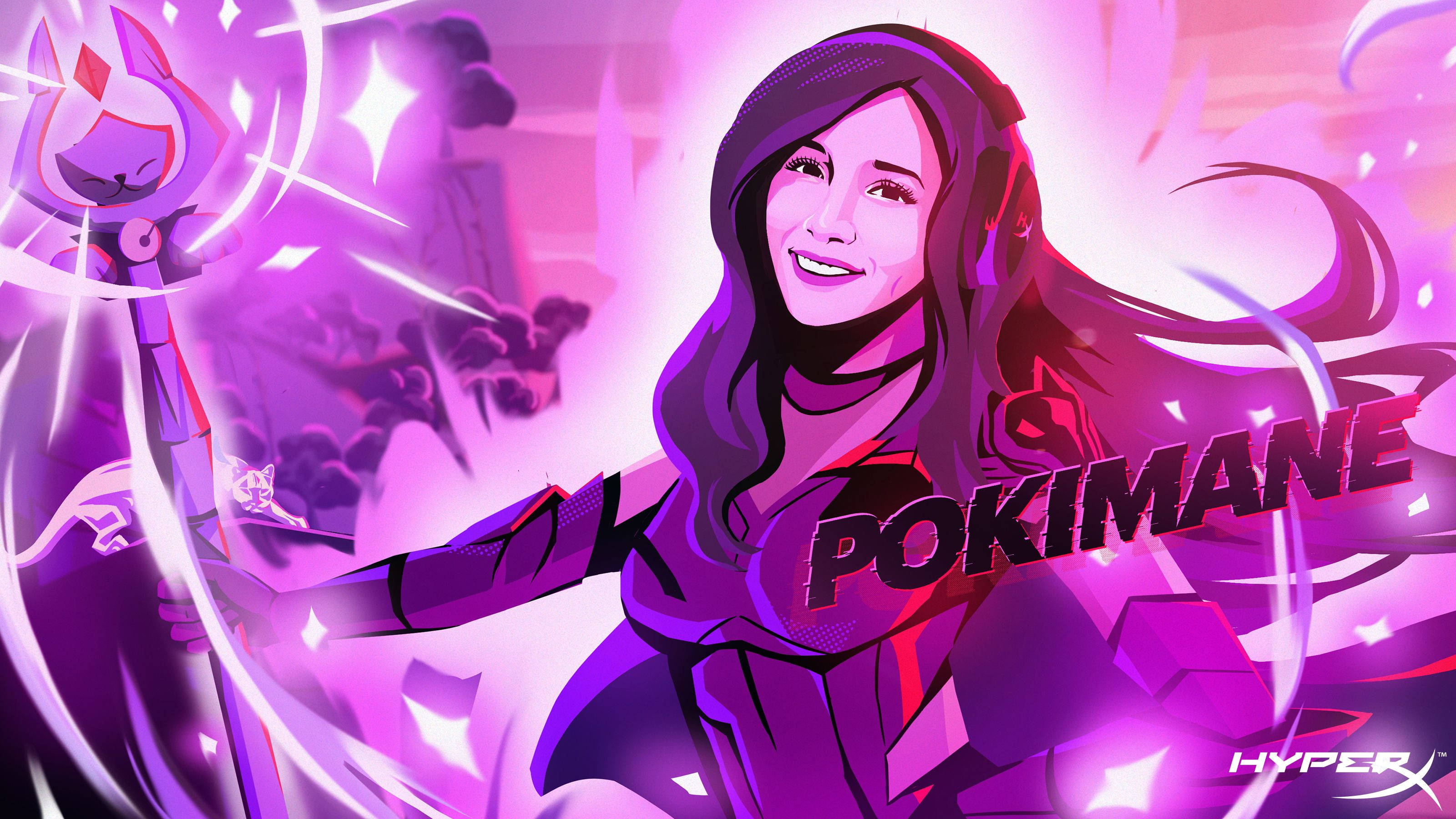 pokimane 桌布 壁紙 — 一幅充滿活力的數位插圖，描繪了Pokimane在動態的紫色和粉紅色發光場景中與她的貓咪同伴。