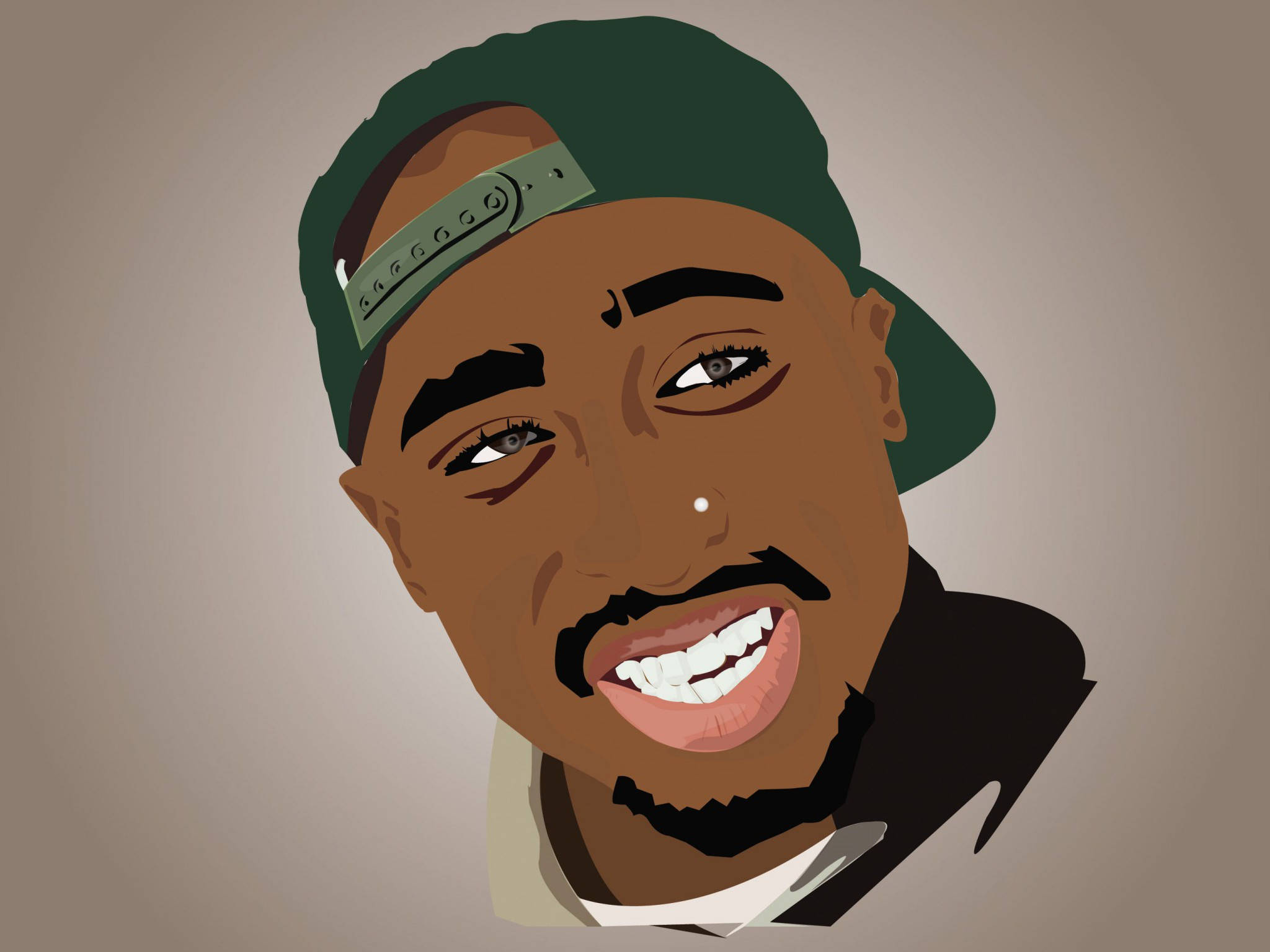 Rappers 桌布 壁紙 — 一幅充滿活力的數位插圖，描繪了Tupac Shakur戴著綠色棒球帽，露出燦爛的笑容。