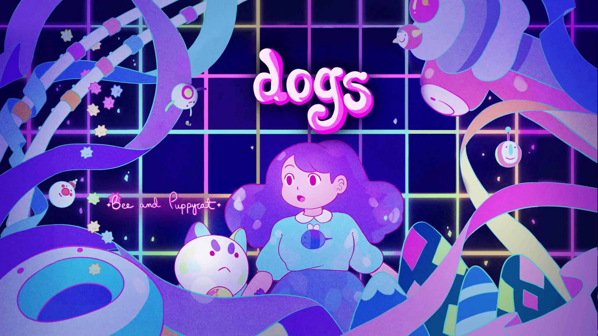 bee and puppycat 桌布 壁紙 — 一幅充滿活力的數位插圖，描繪了一個驚訝的紫髮女孩，周圍環繞著奇幻的漂浮狗狀生物，呈現霓虹紫和粉紅色調。