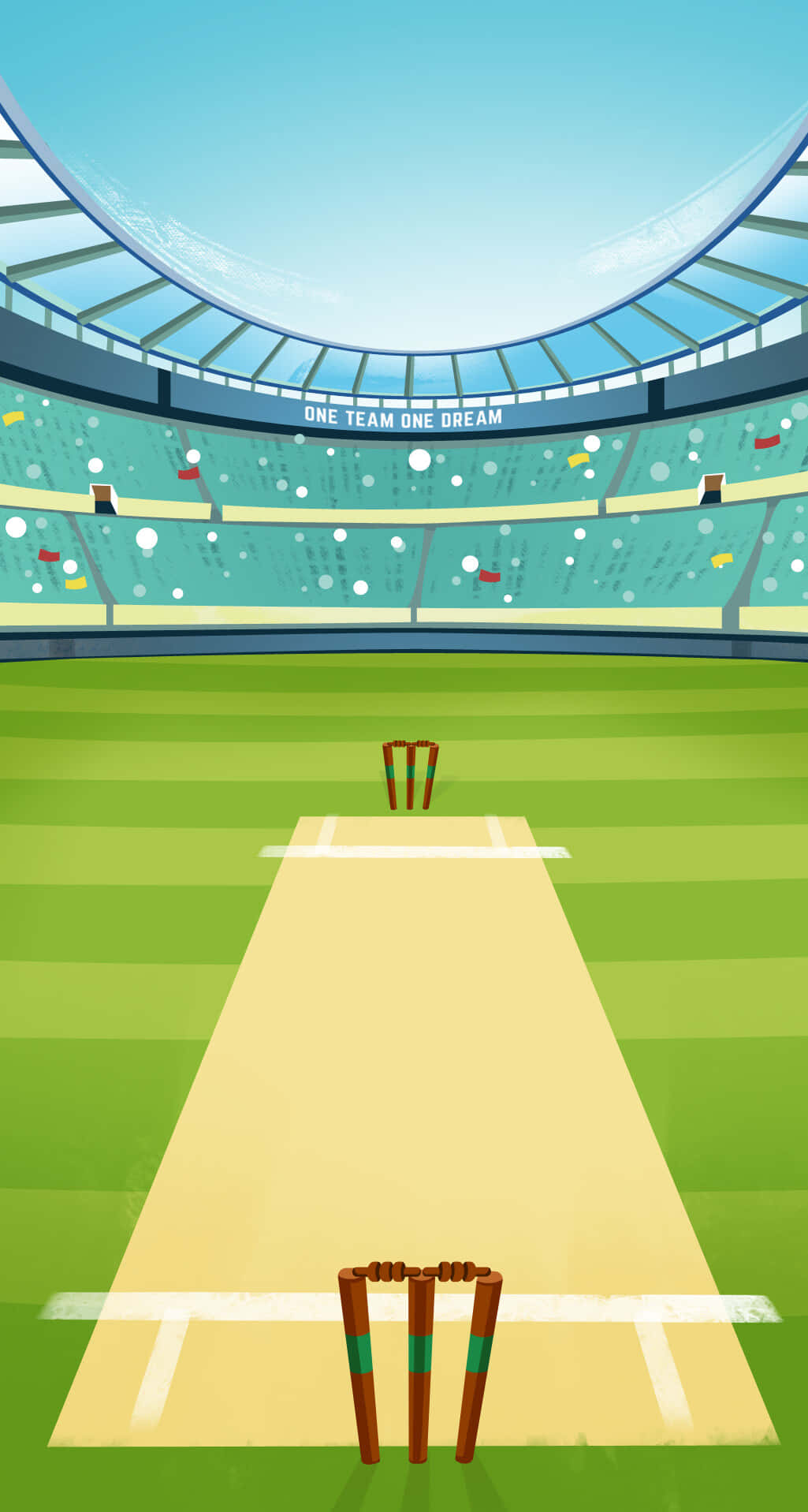 Cricket Ground 桌布 壁紙 — 一幅充滿活力的數位插圖，描繪了一個板球場，在晴朗的藍天下，綠色球場上有兩個三柱門。