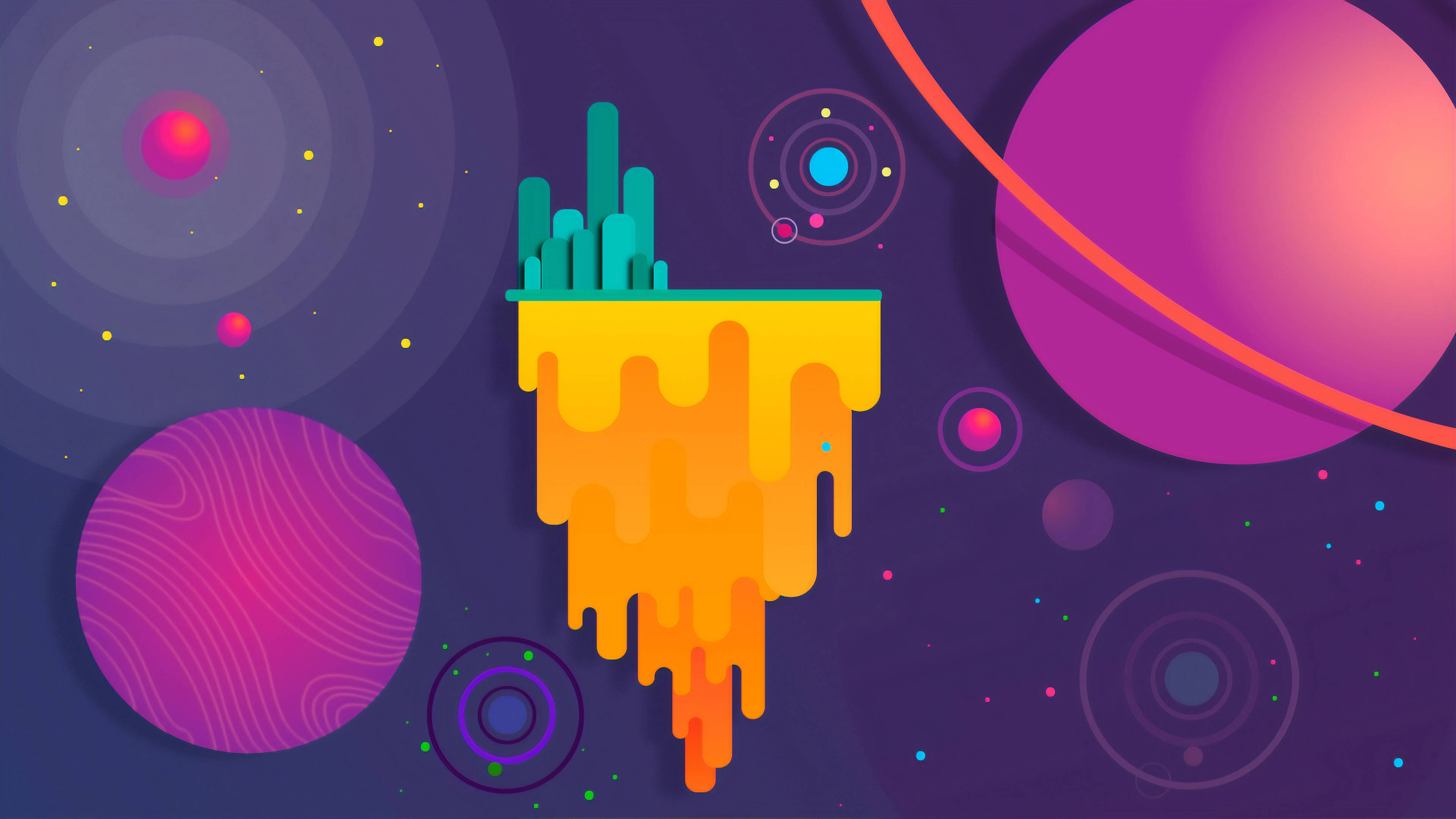 Cosmos 桌布 壁紙 — 一幅充滿活力的數位插圖，描繪了一個滴落的橙黃色平台，上面有青綠色的仙人掌，背景是宇宙紫色，帶有發光的行星。