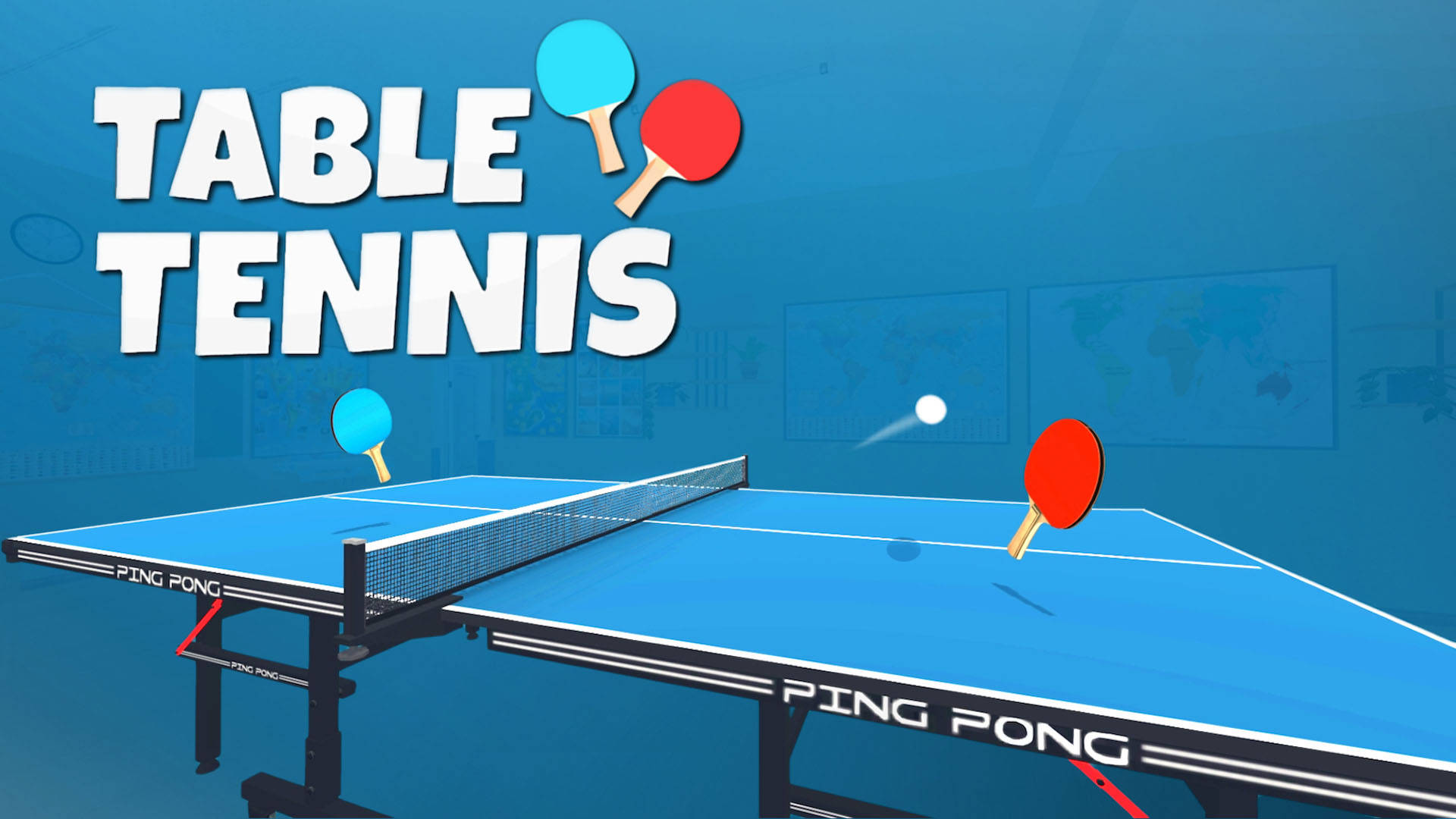 Table Tennis 桌布 壁紙 — 一幅充滿活力的數位插圖，描繪了一張藍色乒乓球桌，配有紅色和藍色球拍，以及一個在空中飛行的白色乒乓球，背景為藍色，並帶有「TABLE TENNIS」字樣。