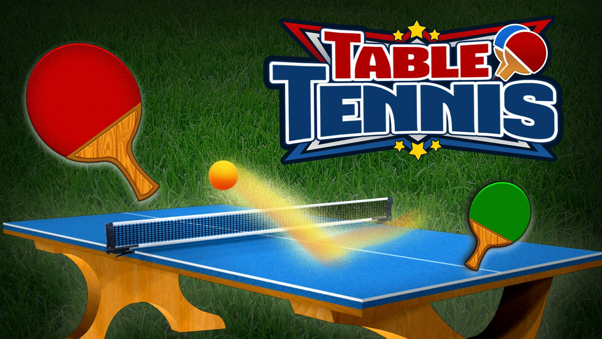 Table Tennis 桌布 壁紙 — 一幅充滿活力的數位插圖，描繪了一場正在進行的乒乓球比賽，球拍和球在空中，背景是草地。