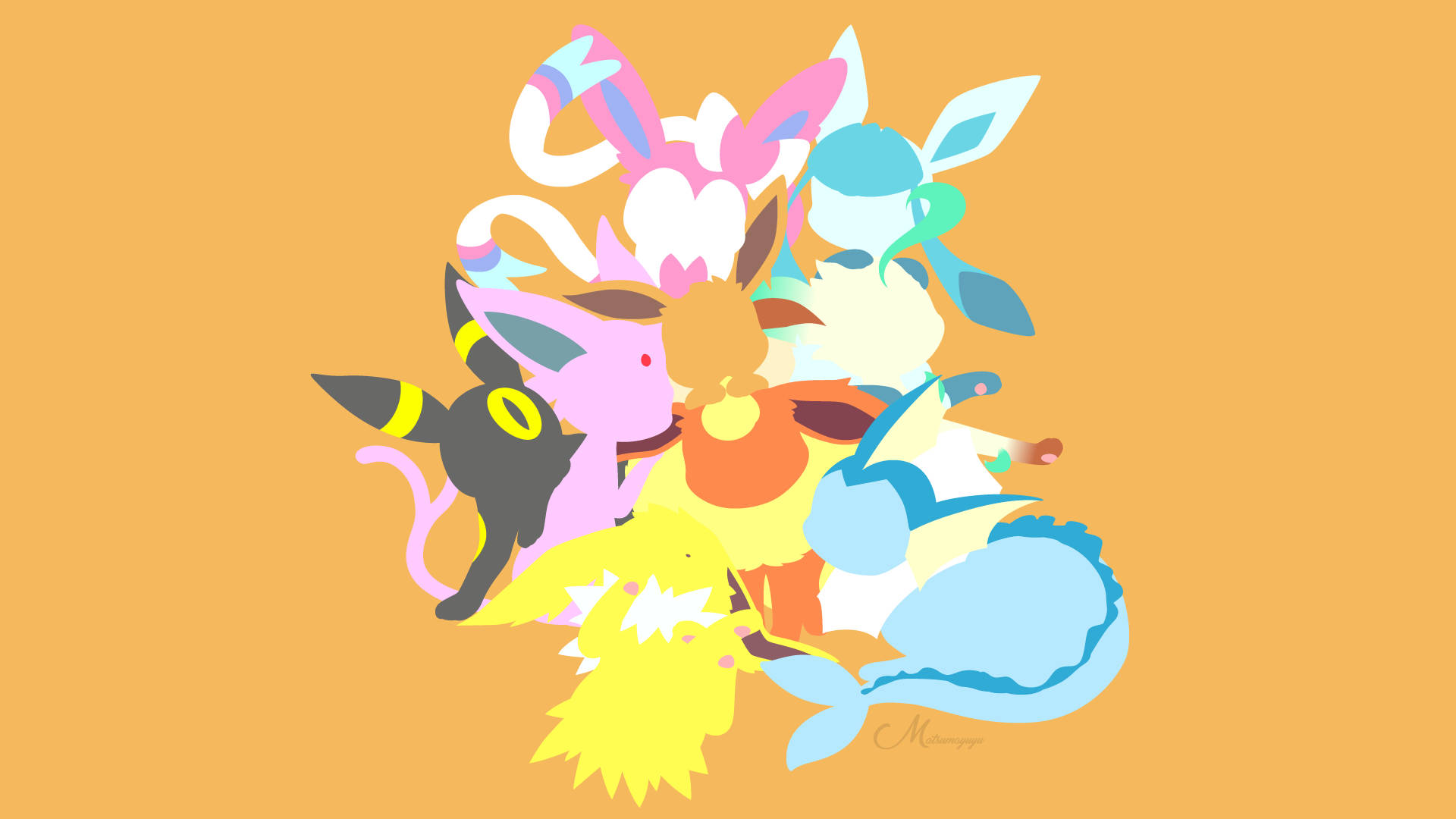 Sylveon 桌布 壁紙 — 一幅充滿活力的數位插圖，描繪了七隻伊布進化型寶可夢擠在一起，背景為純橙色。