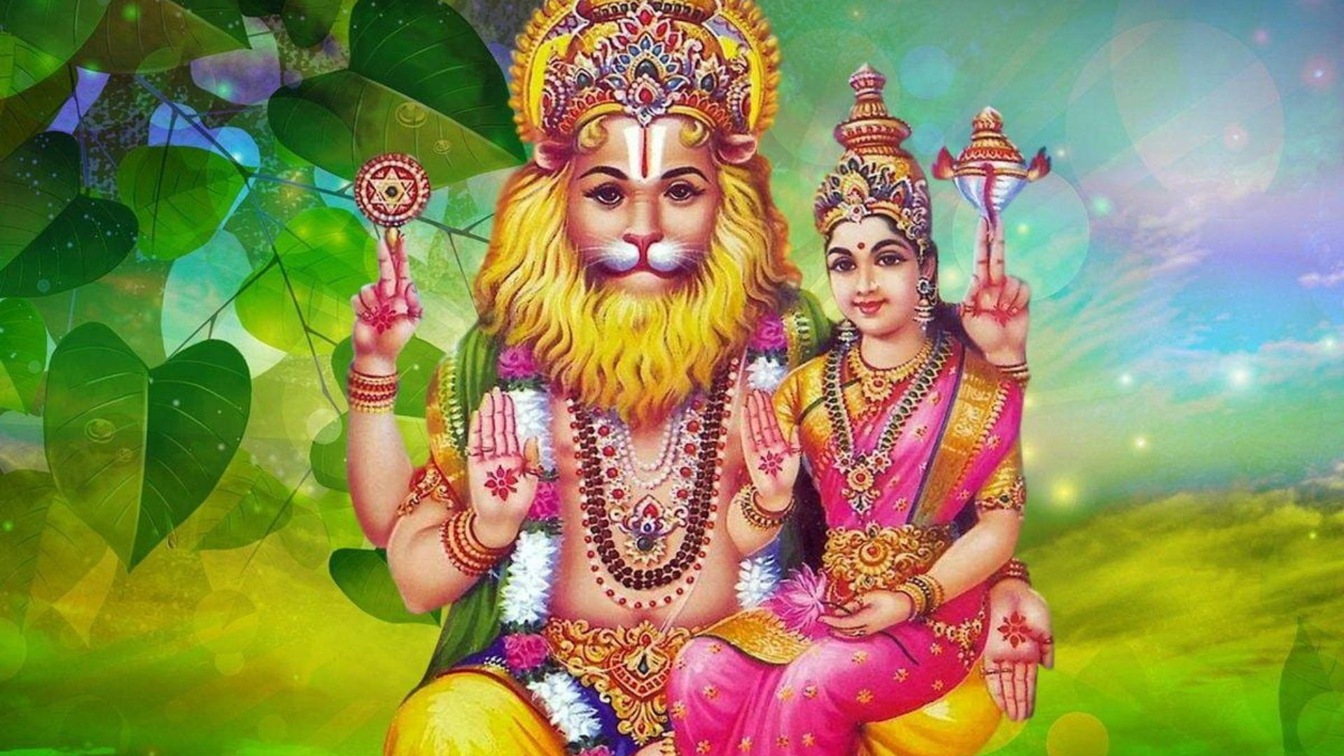 vishnu HD 桌布 壁紙 — 一幅充滿活力的數位插圖，描繪了主那羅辛哈和他的配偶在茂密綠葉和發光天空下並坐的場景。