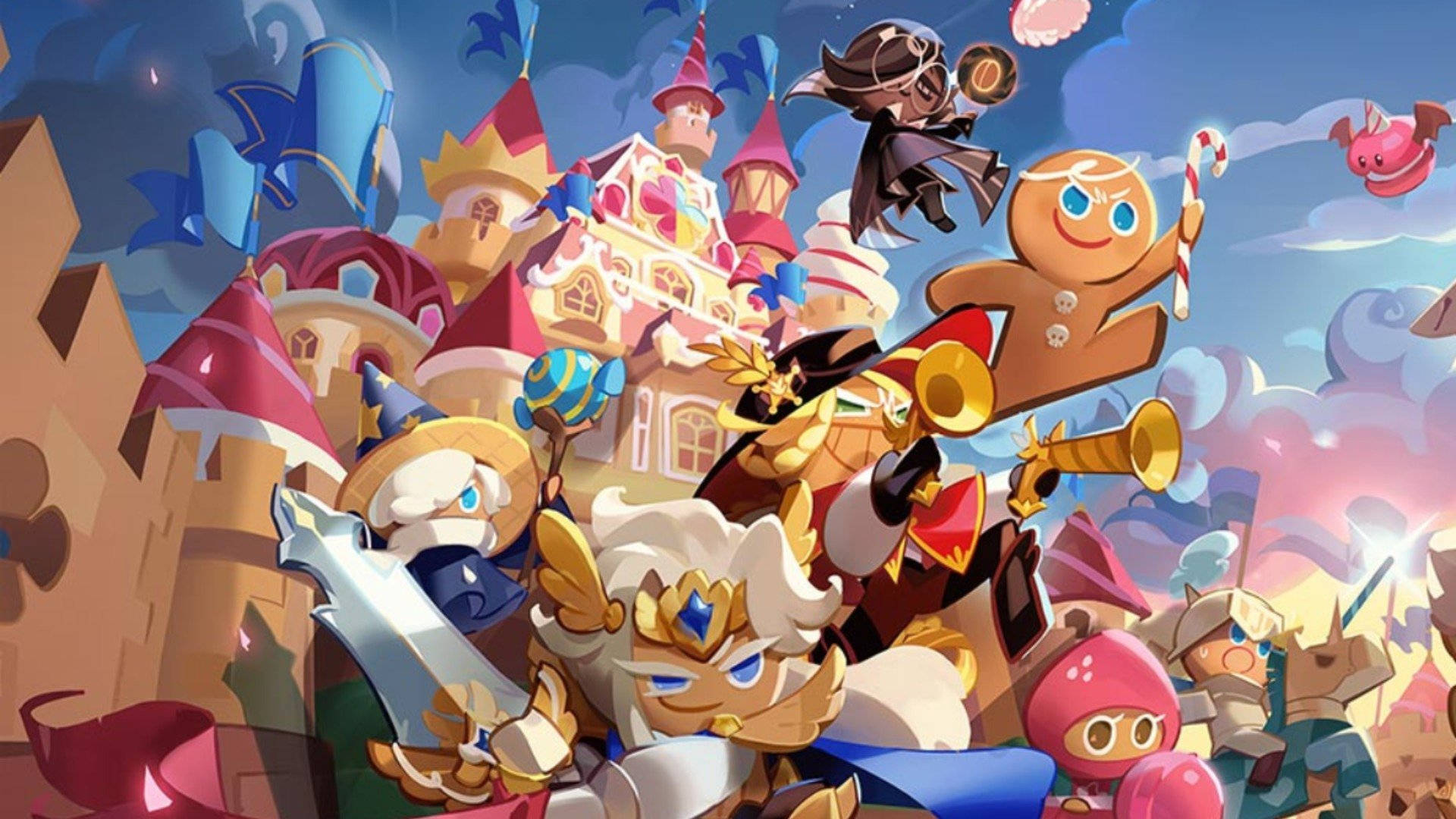 Cookie Run 桌布 壁紙 — 一幅充滿活力的數位插圖，描繪了以餅乾為主題的角色在一個奇特的城堡場景中，配有糖果裝飾和漂浮的甜點。