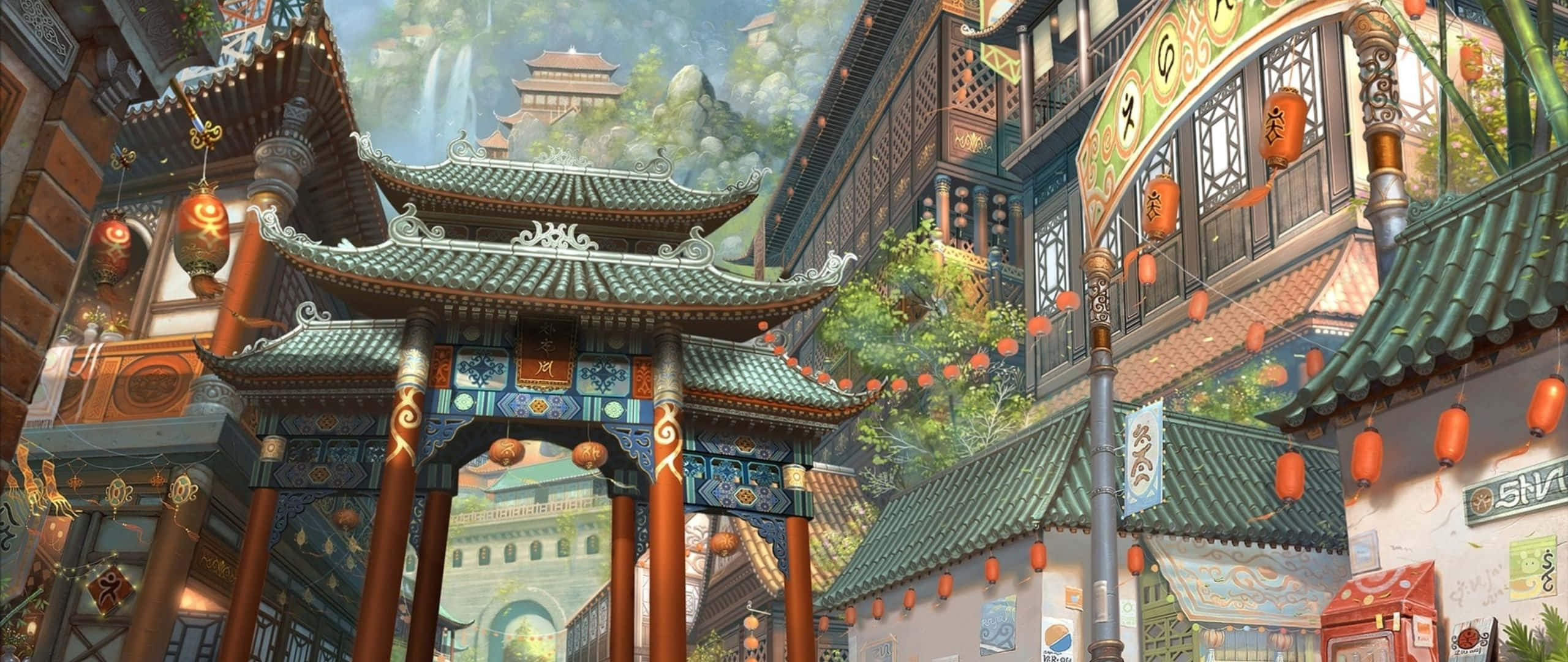 Art 2560x1080 桌布 壁紙 — 一幅充滿活力的數位插圖，描繪了傳統中國小鎮，擁有華麗的寶塔式門樓和懸掛在木建築之間的紅燈籠。