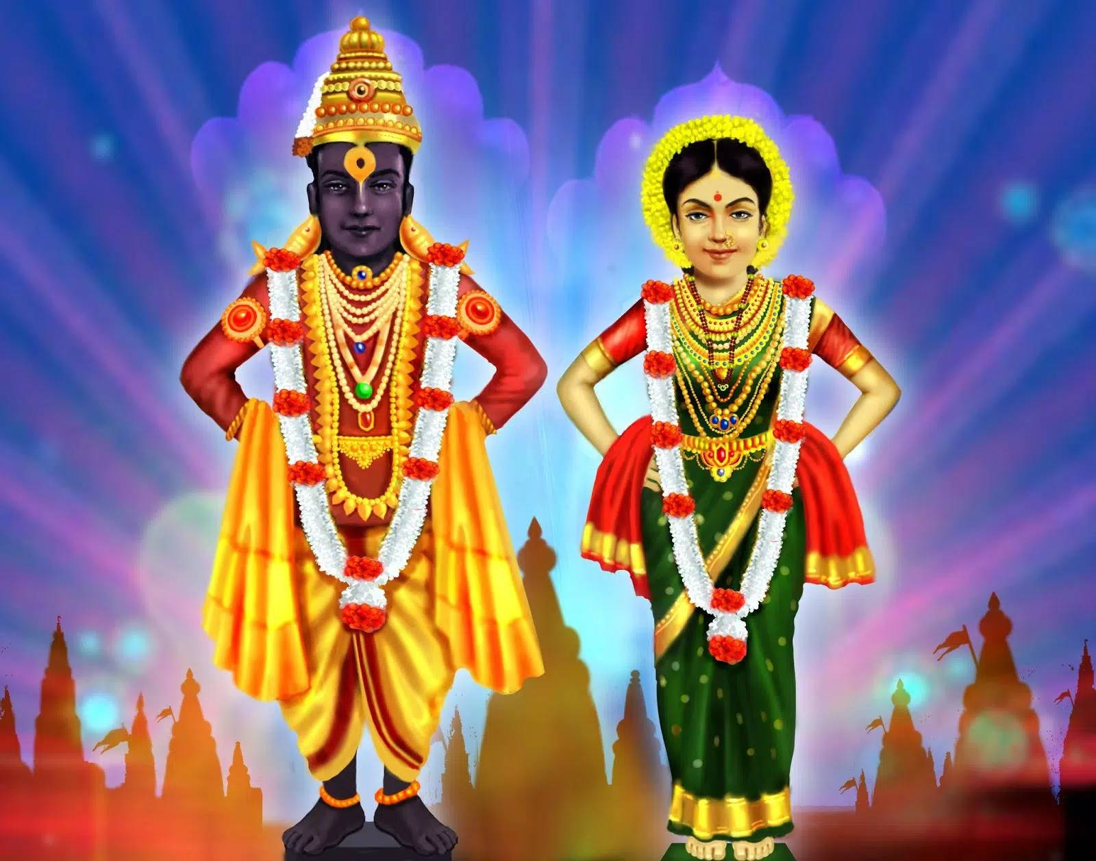 Indian 桌布 壁紙 — 一幅充滿活力的數位插圖，描繪了兩位印度教神祇，身著金色珠寶和色彩繽紛的服飾，背景是絢麗的紫色和藍色宇宙。