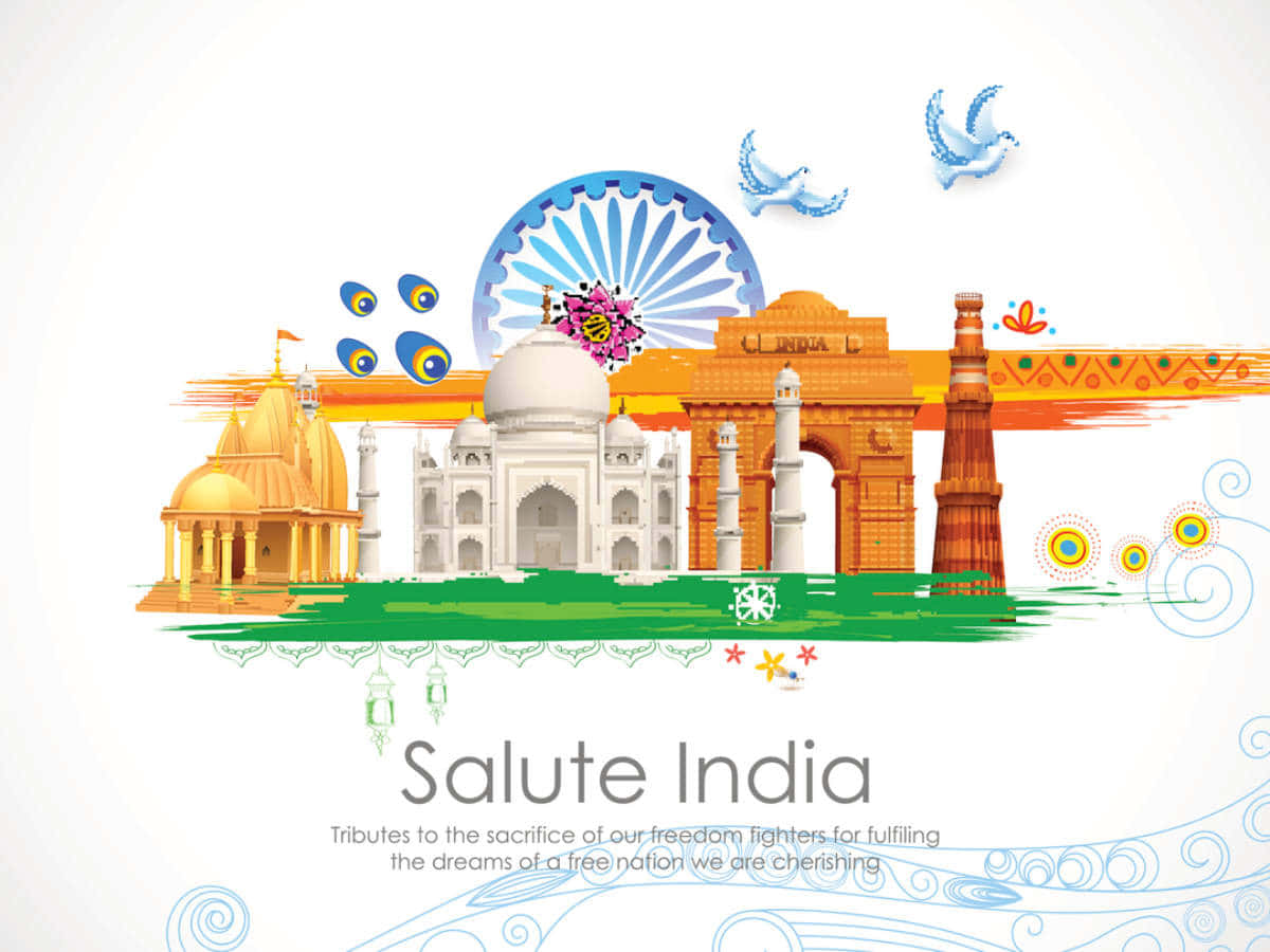 Republic Day 桌布 壁紙 — 一幅充滿活力的數位插圖，描繪了印度標誌性地標如泰姬瑪哈陵和印度門，在藍色阿育王法輪下，伴隨著飛翔的鴿子和色彩繽紛的裝飾元素。