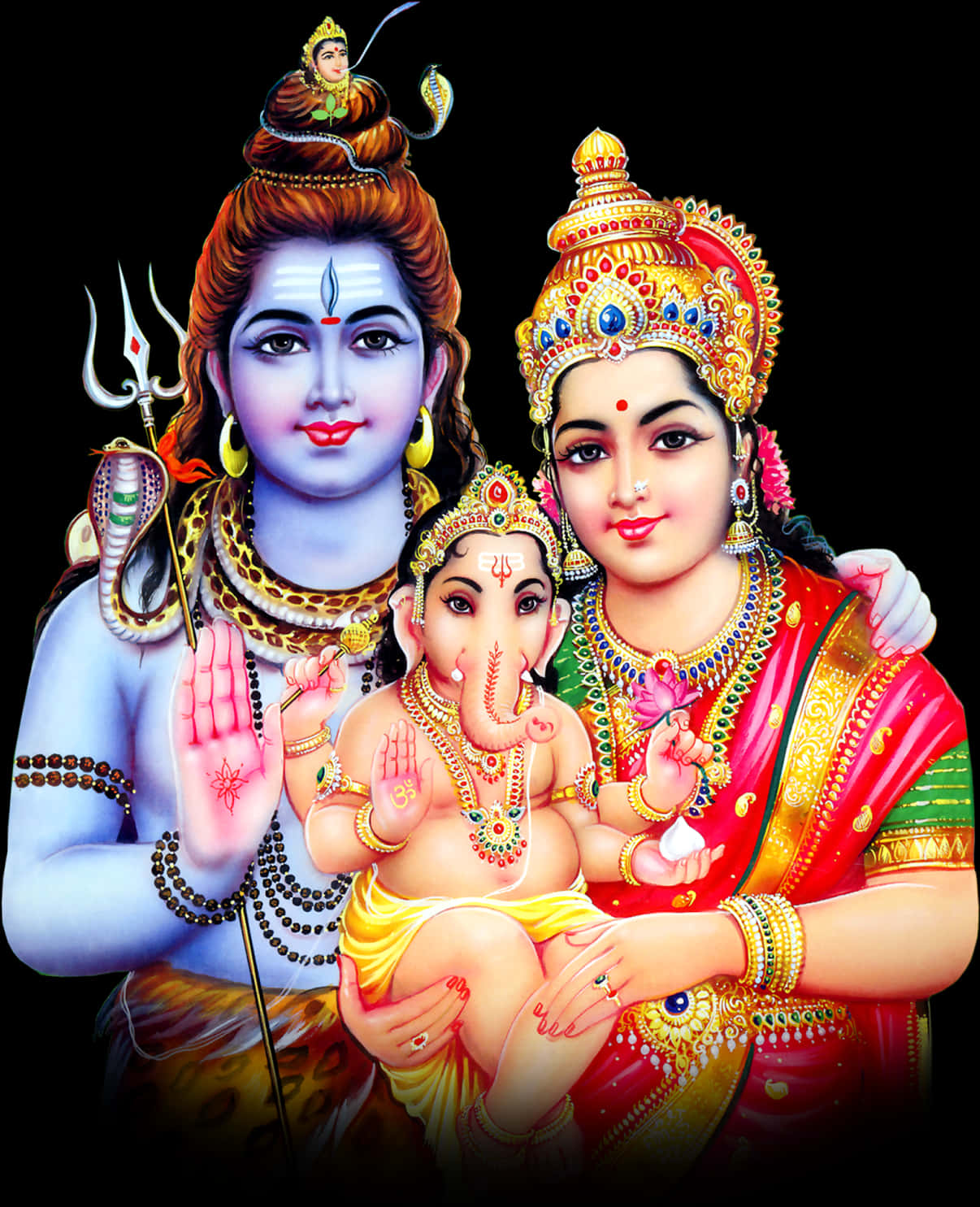 Hinduism 桌布 壁紙 — 一幅充滿活力的數位插圖，描繪了印度教神祇濕婆帕爾瓦蒂和象頭神，飾有華麗珠寶，背景為黑色。
