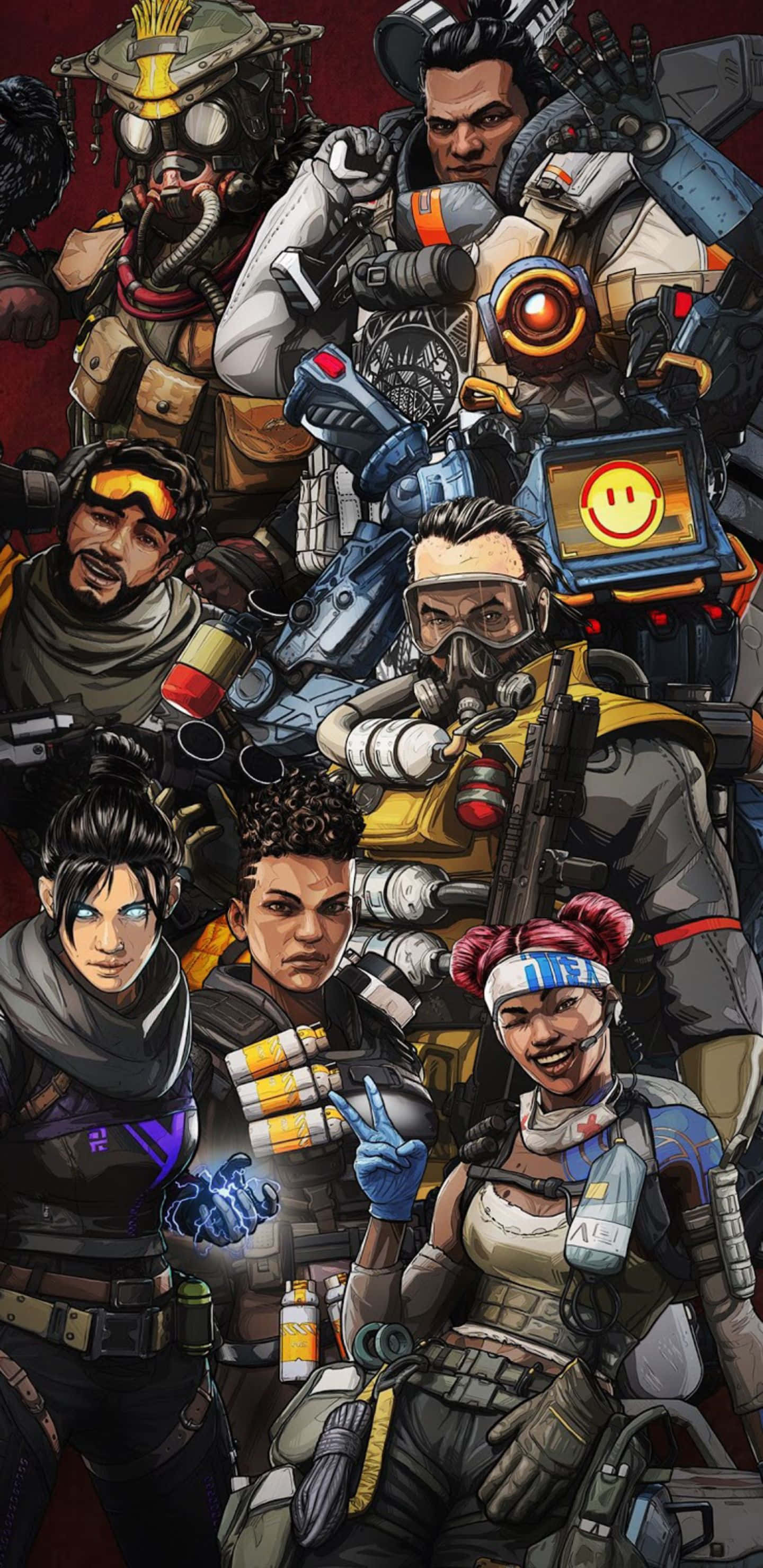 Pixel 3xl Apex Legends 桌布 壁紙 — 一幅充滿活力的數位插圖，描繪了各種身穿戰術裝備的武裝角色一起擺姿勢。
