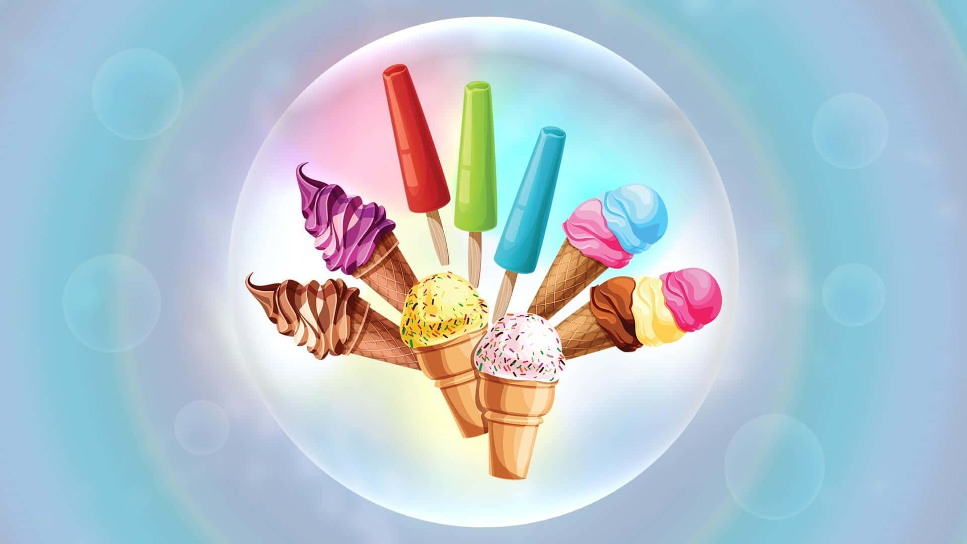 Ice Cream 桌布 壁紙 — 一幅充滿活力的數位插圖，描繪了各種色彩繽紛的甜筒和冰棒漂浮在發光的泡泡中，背景是柔和的藍色漸層。