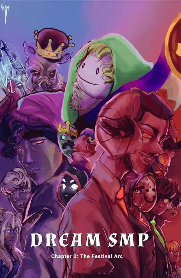 我的世界 夢境 桌布 壁紙 — 一幅充滿活力的數位插圖，描繪了各種戴著皇冠、眼睛發光的奇幻角色，背景是紫色漸變天空。