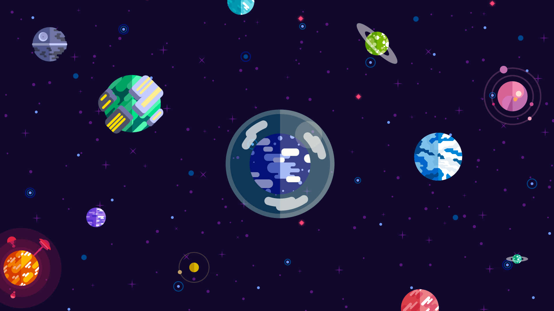 藝術 桌布 壁紙 — 一幅充滿活力的數位插圖，描繪了在深紫色宇宙虛空中漂浮的彩色行星和星星。