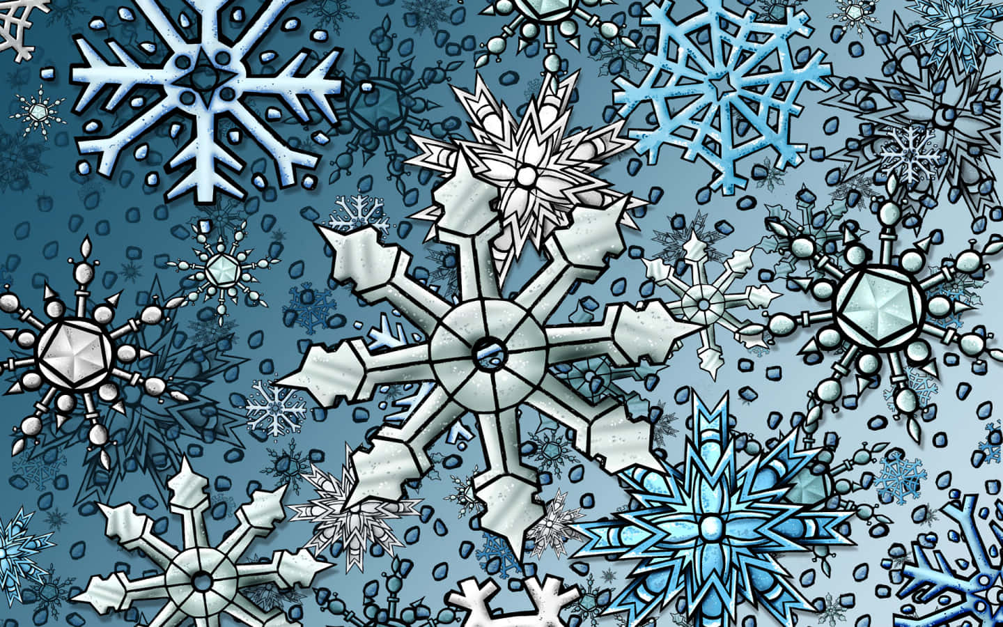 雪花 桌布 壁紙 — 一幅充滿活力的數位插圖，描繪了在漸變冰藍背景上，各種深淺藍色和銀色的精緻雪花。