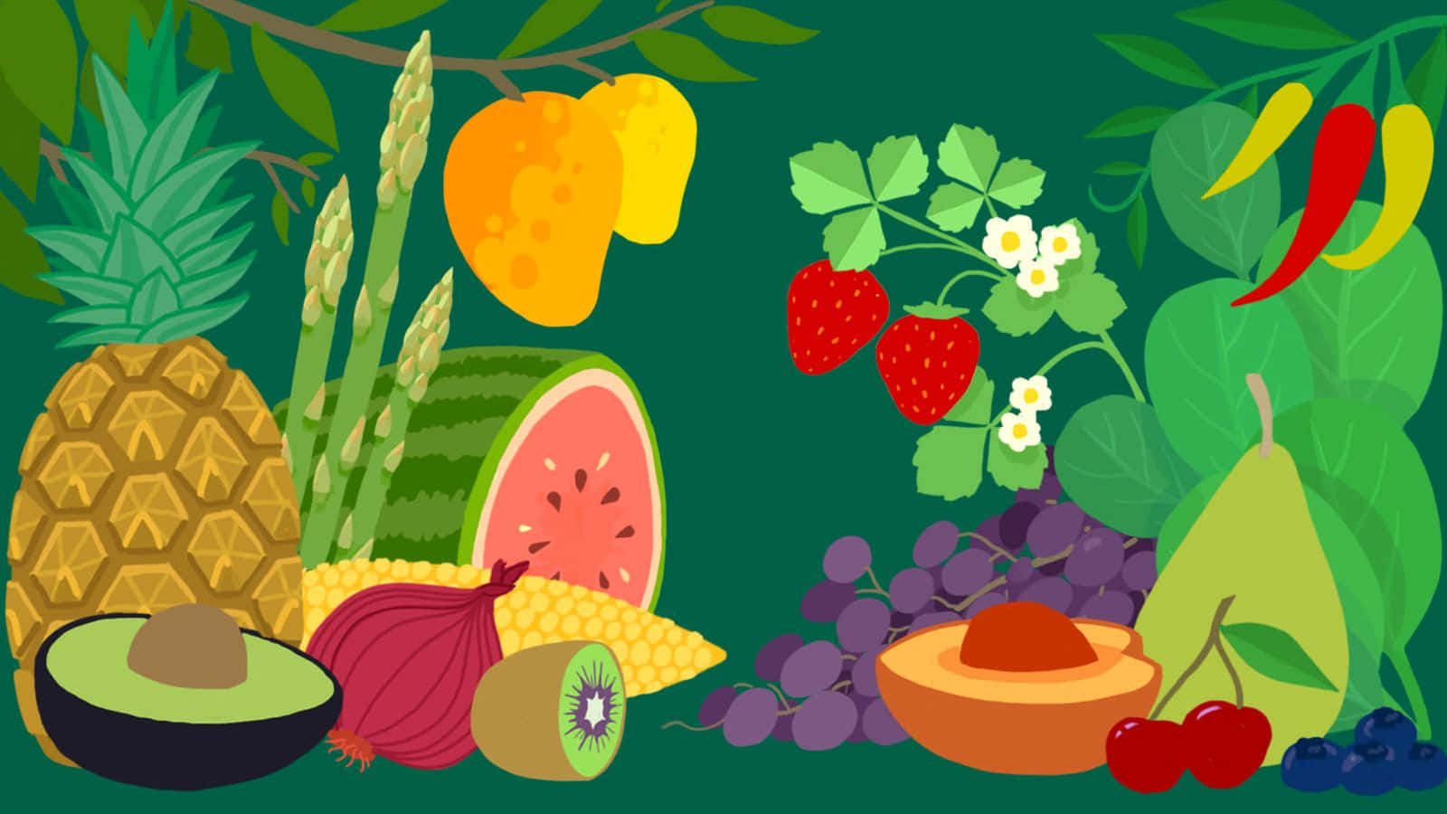 Fruits 桌布 壁紙 — 一幅充滿活力的數位插圖，描繪了在深綠色背景下，排列在綠葉枝條下的各種新鮮水果和蔬菜。