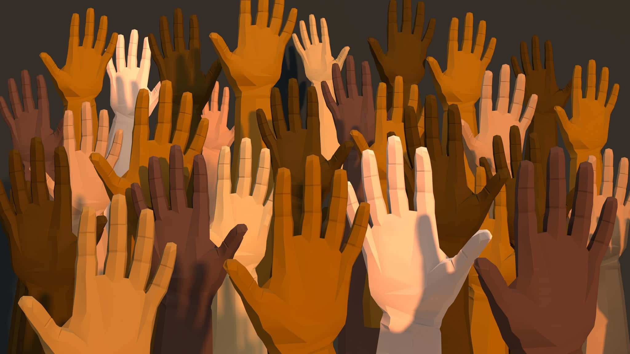 raise hand 桌布 壁紙 — 一幅充滿活力的數位插圖，描繪了多種膚色的手在深色背景上向上伸展。
