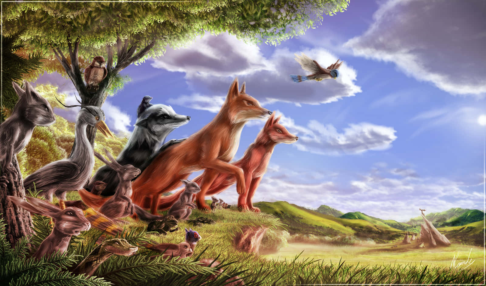 animals 桌布 壁紙 — 一幅充滿活力的數位插圖，描繪了多種林地動物聚集在一棵枝葉茂密的樹下，背景是陽光明媚的草地、起伏的丘陵和一隻飛翔的鳥。