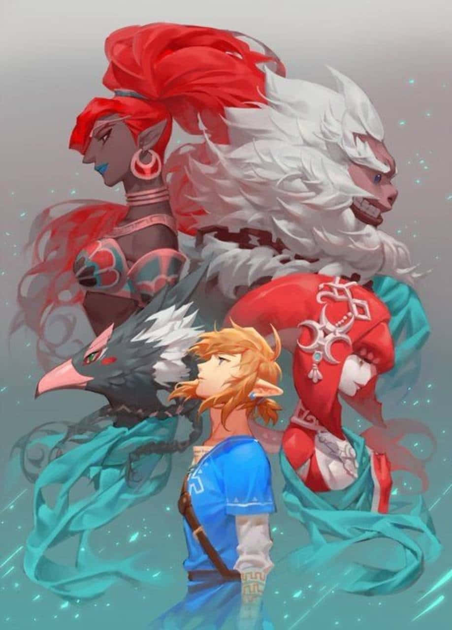 The Legend Of Zelda Urbosa 桌布 壁紙 — 一幅充滿活力的數位插圖，描繪了林克和三位神秘盟友，身穿飄逸的紅、白、青綠色服飾，背景是閃爍的灰色。