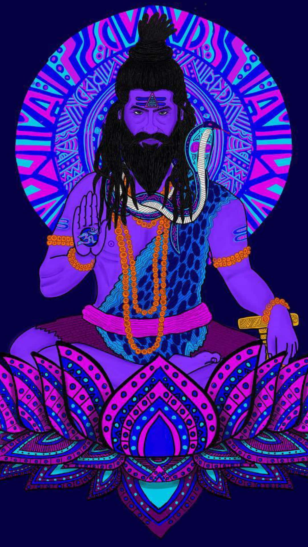 Trippy Art 桌布 壁紙 — 一幅充滿活力的數位插圖，描繪了濕婆神在蓮花上冥想，帶有迷幻光環和複雜的幾何圖案。