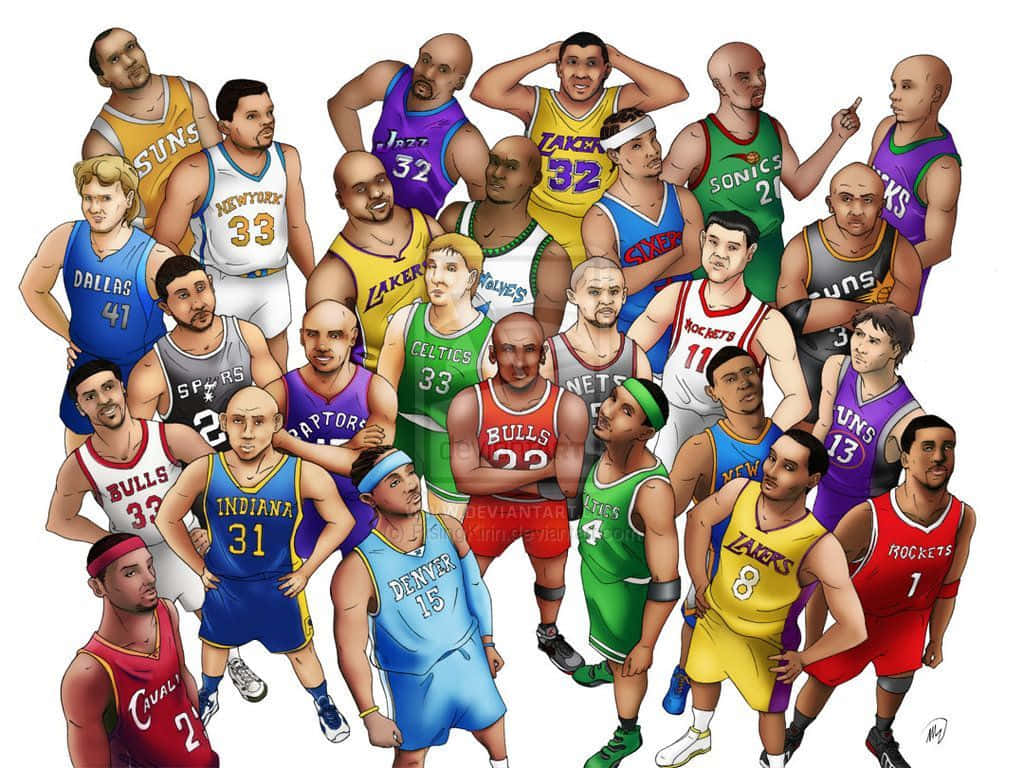 Cartoon NBA Players 桌布 壁紙 — 一幅充滿活力的數位插圖，描繪了眾多身穿復古球隊球衣的NBA籃球運動員一起擺姿勢。