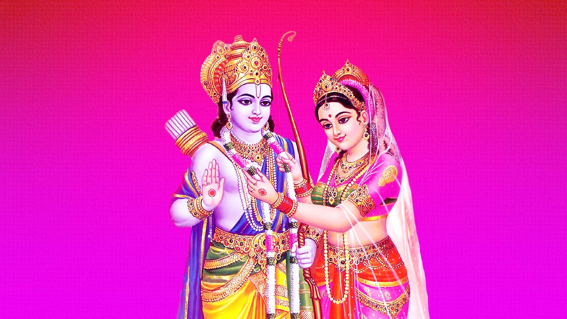 Sita 桌布 壁紙 — 一幅充滿活力的數位插圖，描繪了羅摩勳爵和西塔，他們裝飾著華麗的金色珠寶，背景是鮮豔的粉紅色漸變。