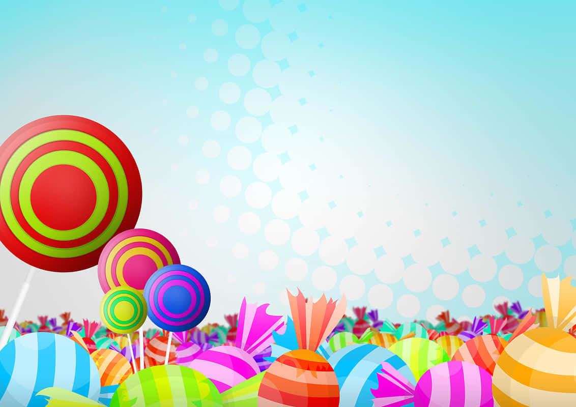 Candy Land 桌布 壁紙 — 一幅充滿活力的數位插圖，描繪了色彩繽紛的棒棒糖和包裝糖果散落在帶有散景效果的柔和藍色漸層背景上。