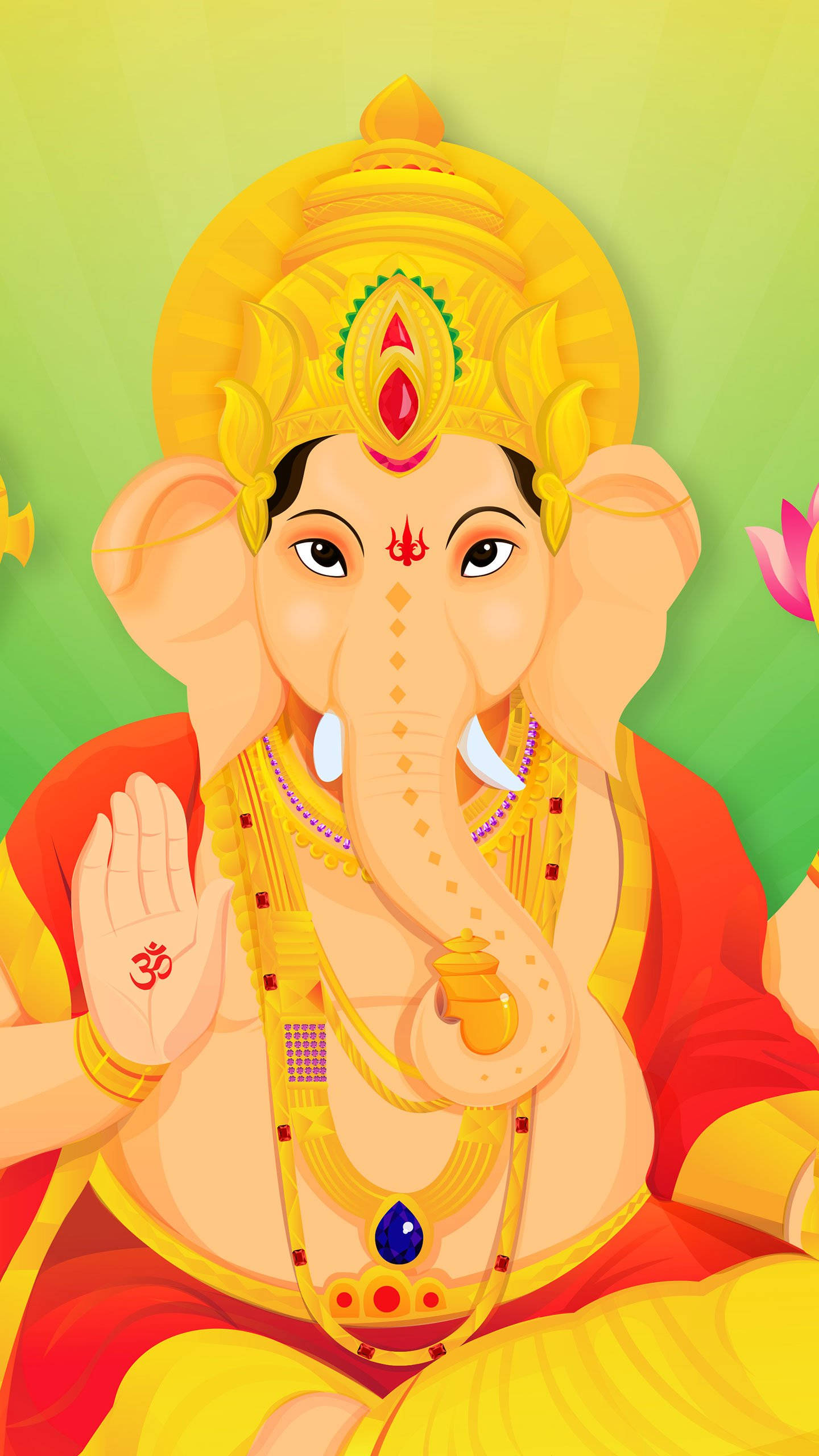 象神 桌布 壁紙 — 一幅充滿活力的數位插圖，描繪了象頭神 Lord Ganesha，佩戴金色珠寶，身穿紅色服飾，背景為綠色，點綴著粉紅色蓮花。