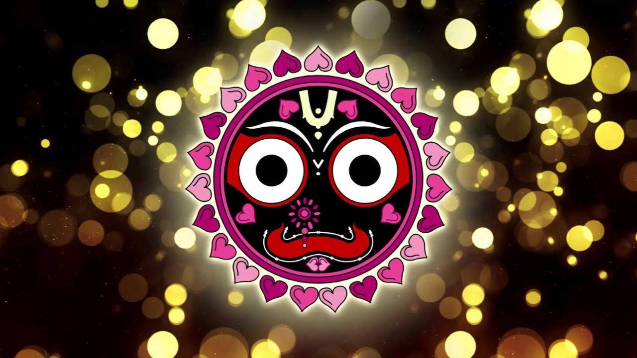 Jagannath 桌布 壁紙 — 一幅充滿活力的數位插圖，描繪傳統印度神祇面具，周圍環繞著粉紅心形和金色散景燈光。