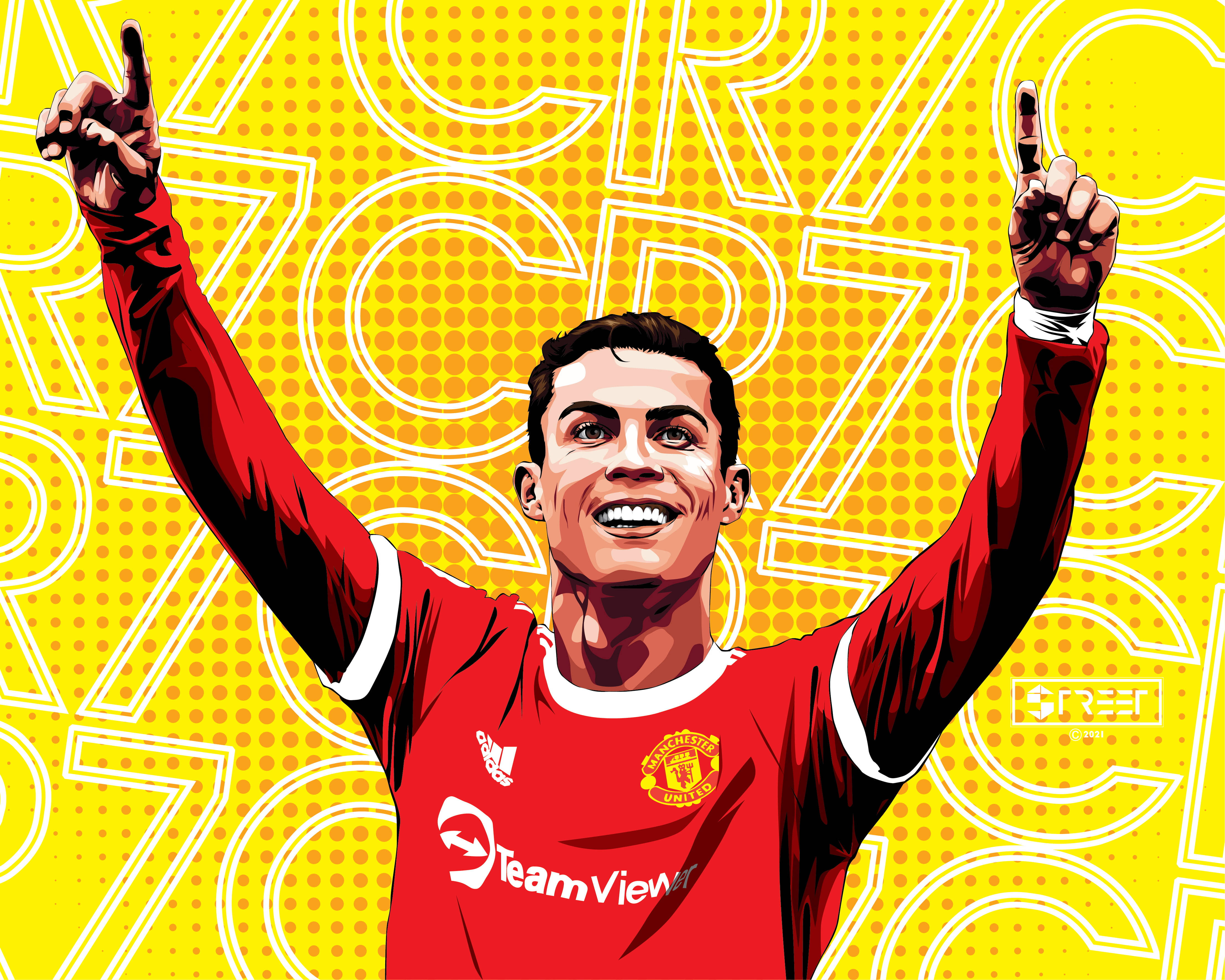 Ronaldo 桌布 壁紙 — 一幅充滿活力的數位插圖，描繪克里斯蒂亞諾·羅納度身穿紅色曼聯球衣，雙臂高舉慶祝，背景為大膽的黃色，帶有重複的「7」圖案。