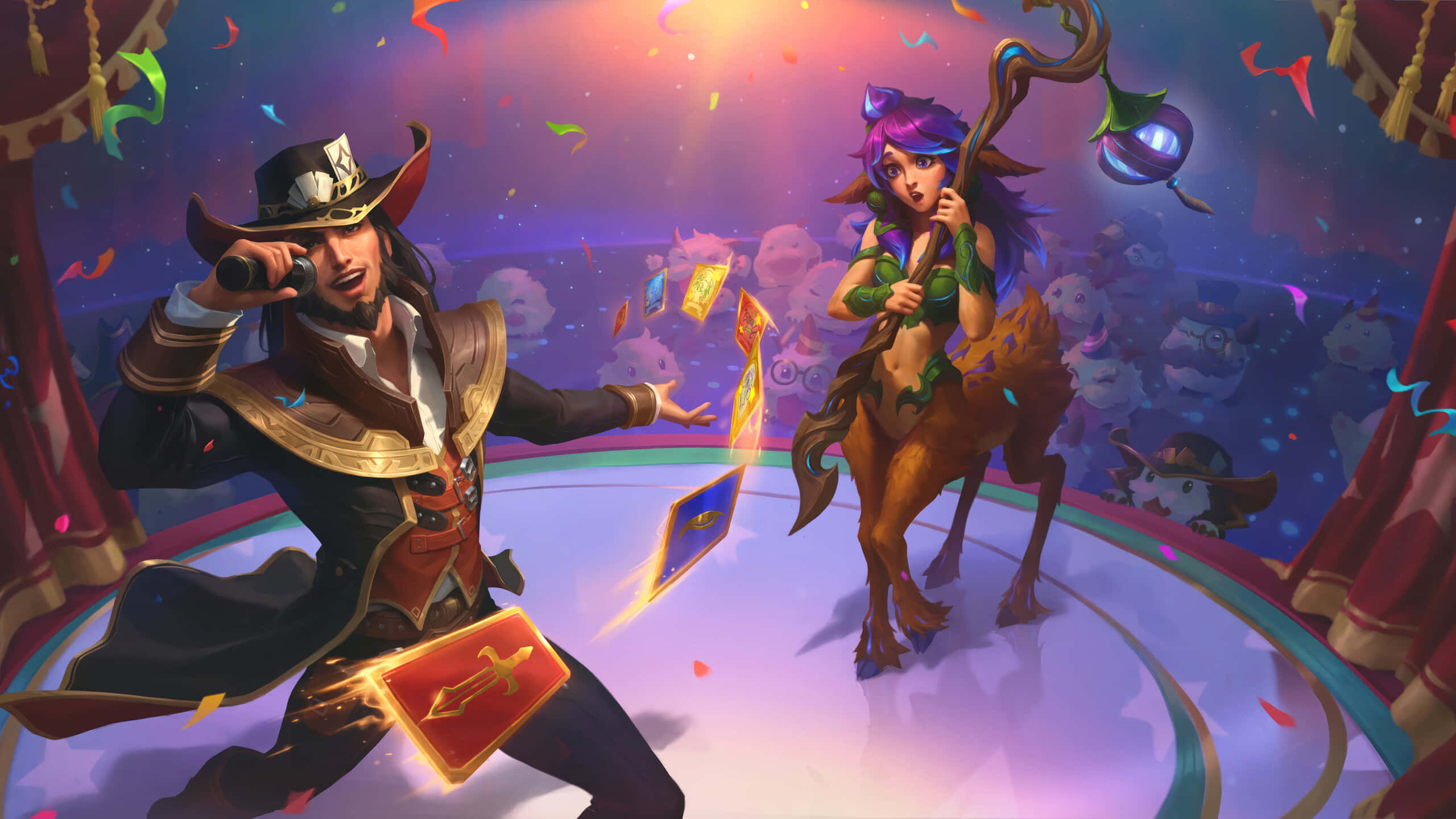 League Of Legends Champions 桌布 壁紙 — 一幅充滿活力的數位插圖，描繪兩個奇幻角色在色彩繽紛的舞台燈光下表演魔術卡牌戲法。