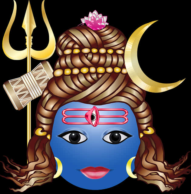 Hinduism 桌布 壁紙 — 一幅充滿活力的數位插圖，描繪印度教神祇濕婆，擁有藍色皮膚、金色新月、三叉戟和粉紅色蓮花冠，背景為黑色。