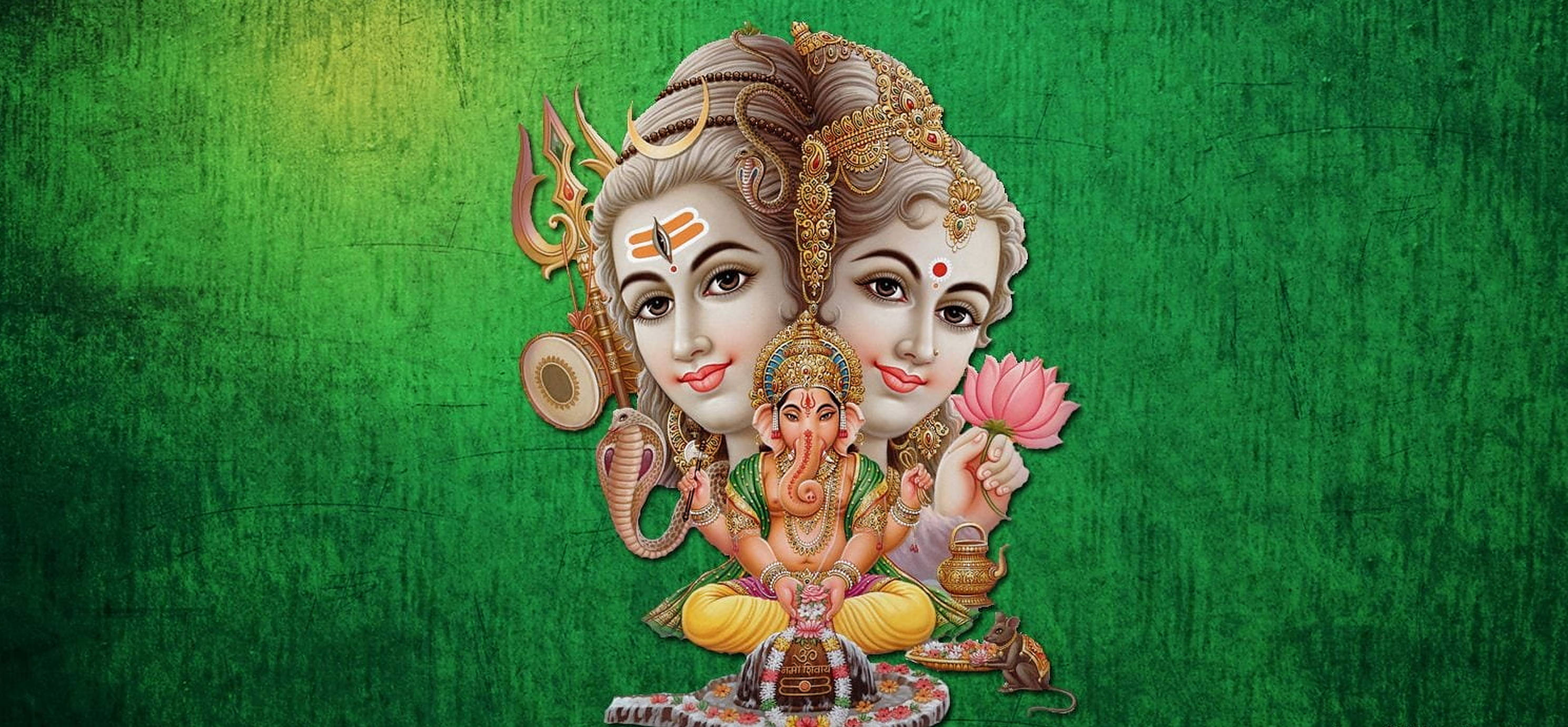 Hindu God 桌布 壁紙 — 一幅充滿活力的數位插圖，描繪印度教神祇濕婆和帕爾瓦蒂與他們的兒子象頭神坐在裝飾華麗的基座上，背景為帶紋理的綠色。
