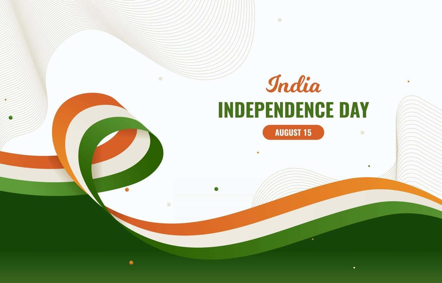 Independence 桌布 壁紙 — 一幅充滿活力的數位插圖，描繪印度三色旗在極簡背景上動態飄揚，並帶有慶祝文字。